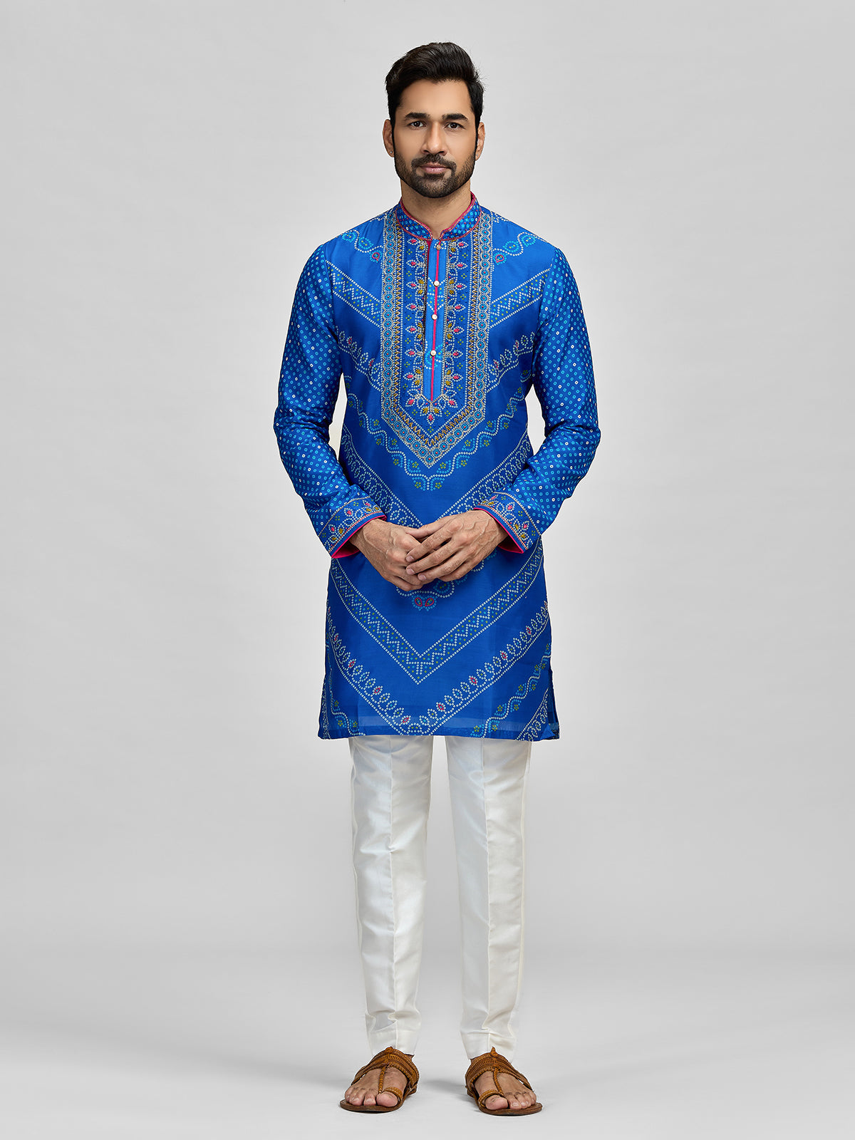 Blue silk bandhani aari and pitta kurta set