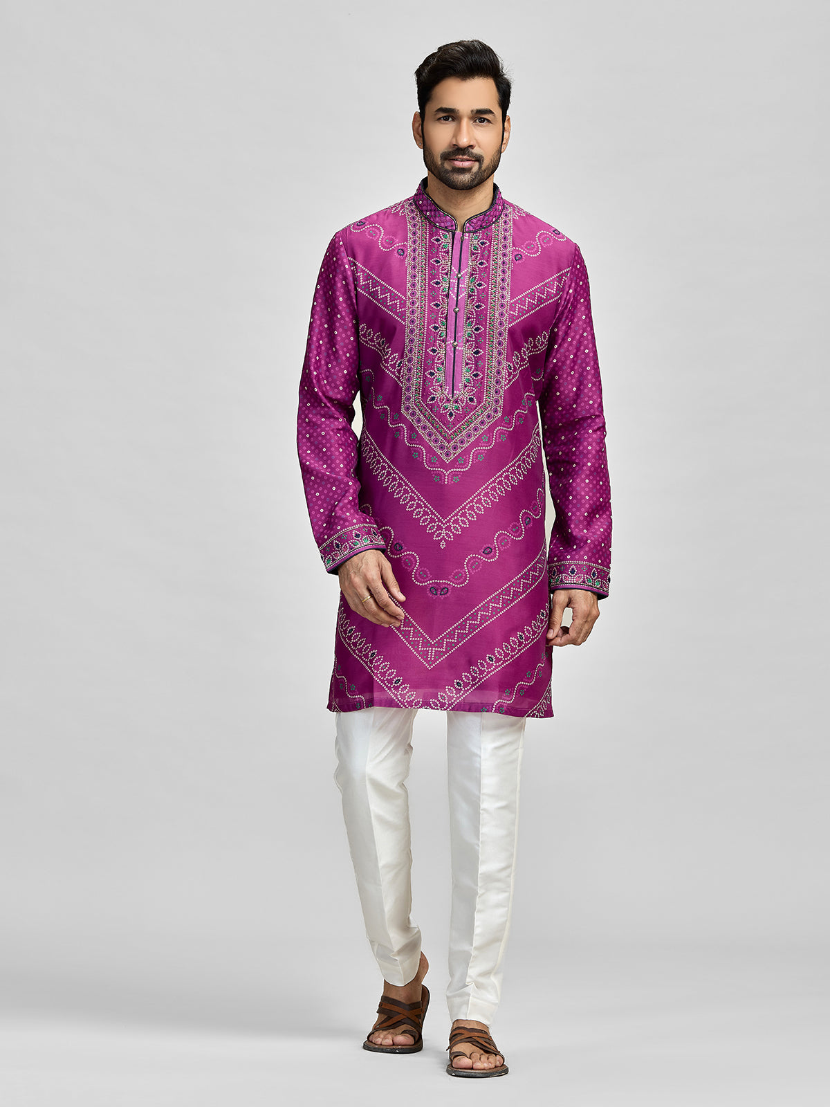 Purple silk embroidered bandhani festive kurta suit