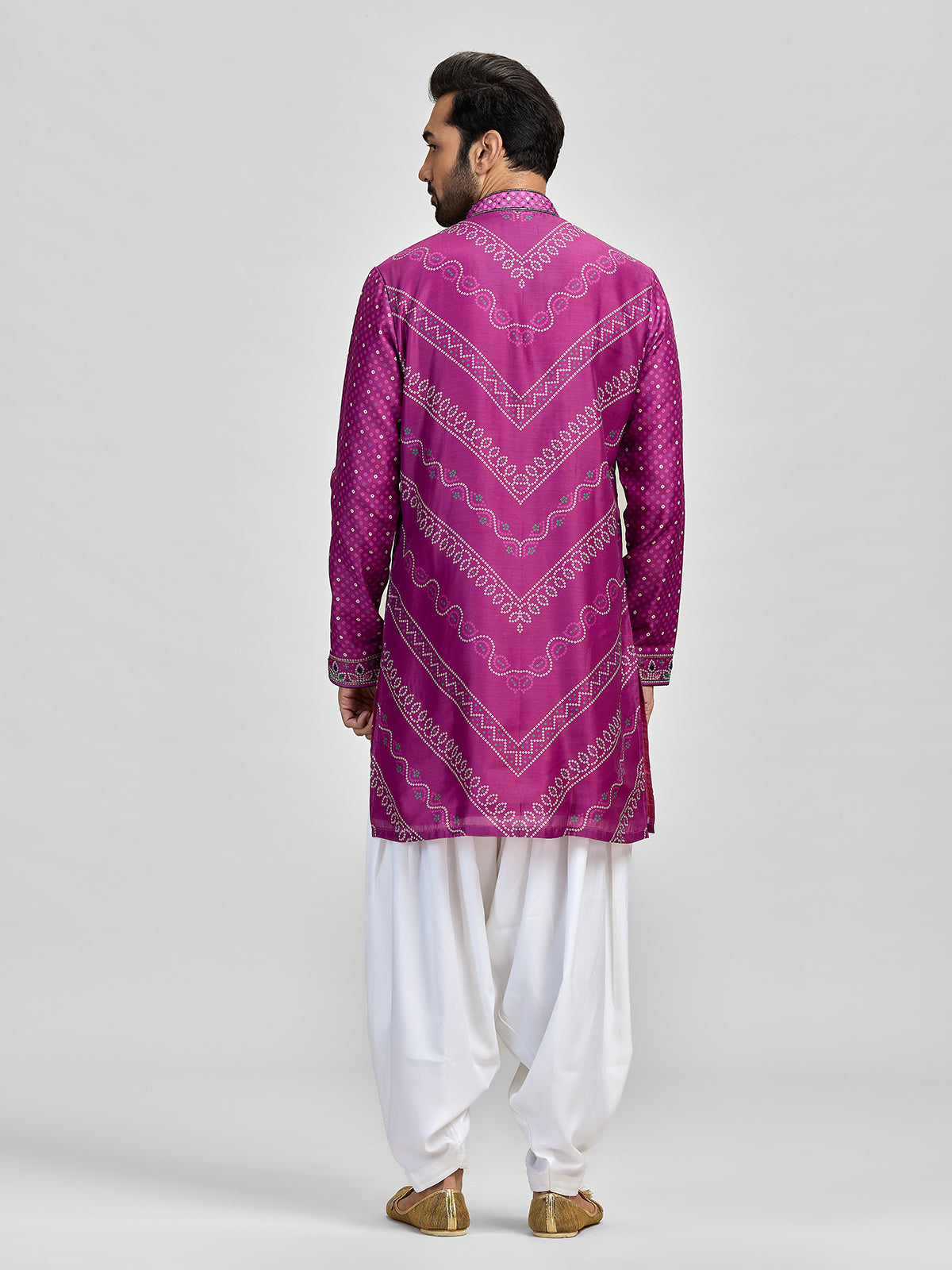 Purple silk bandhani aari salwar celebration kurta suit