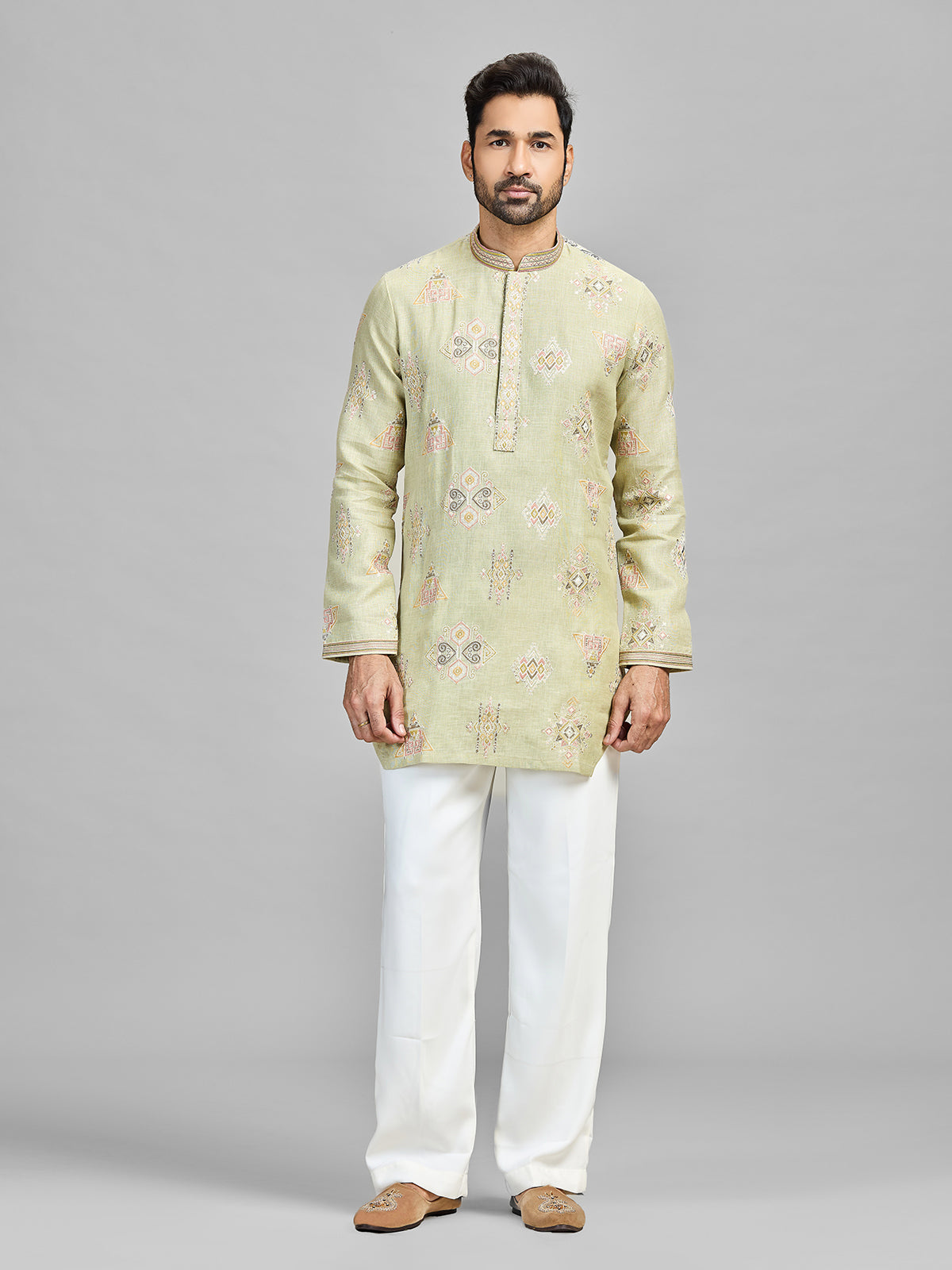 Pista linen cotton embroidered bell bottom kurta suit