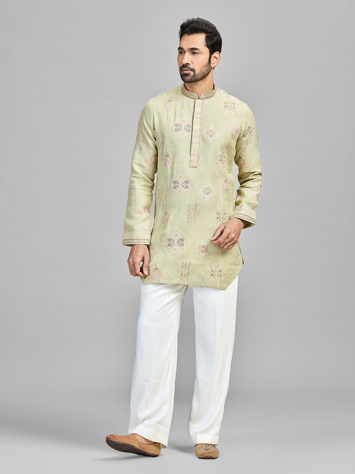 Pista linen cotton embroidered bell bottom kurta suit