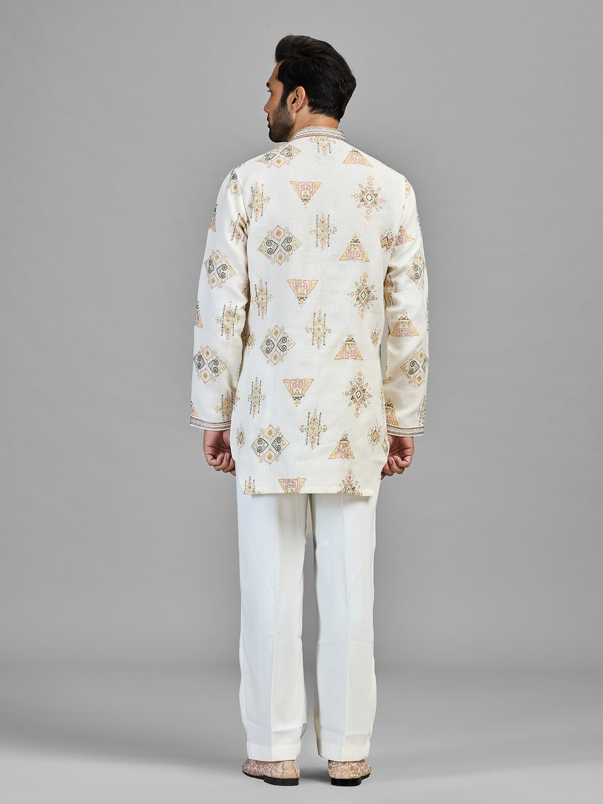 Ivory linen cotton embroidered festive kurta set