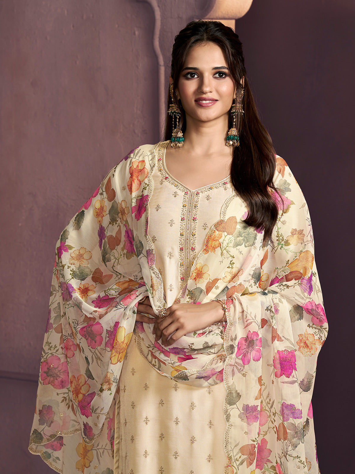Cream silk floral festive pant ensemble