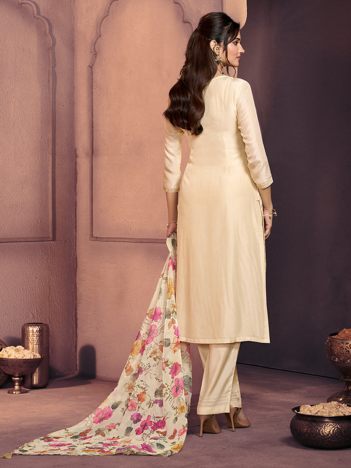 Cream silk floral festive pant ensemble