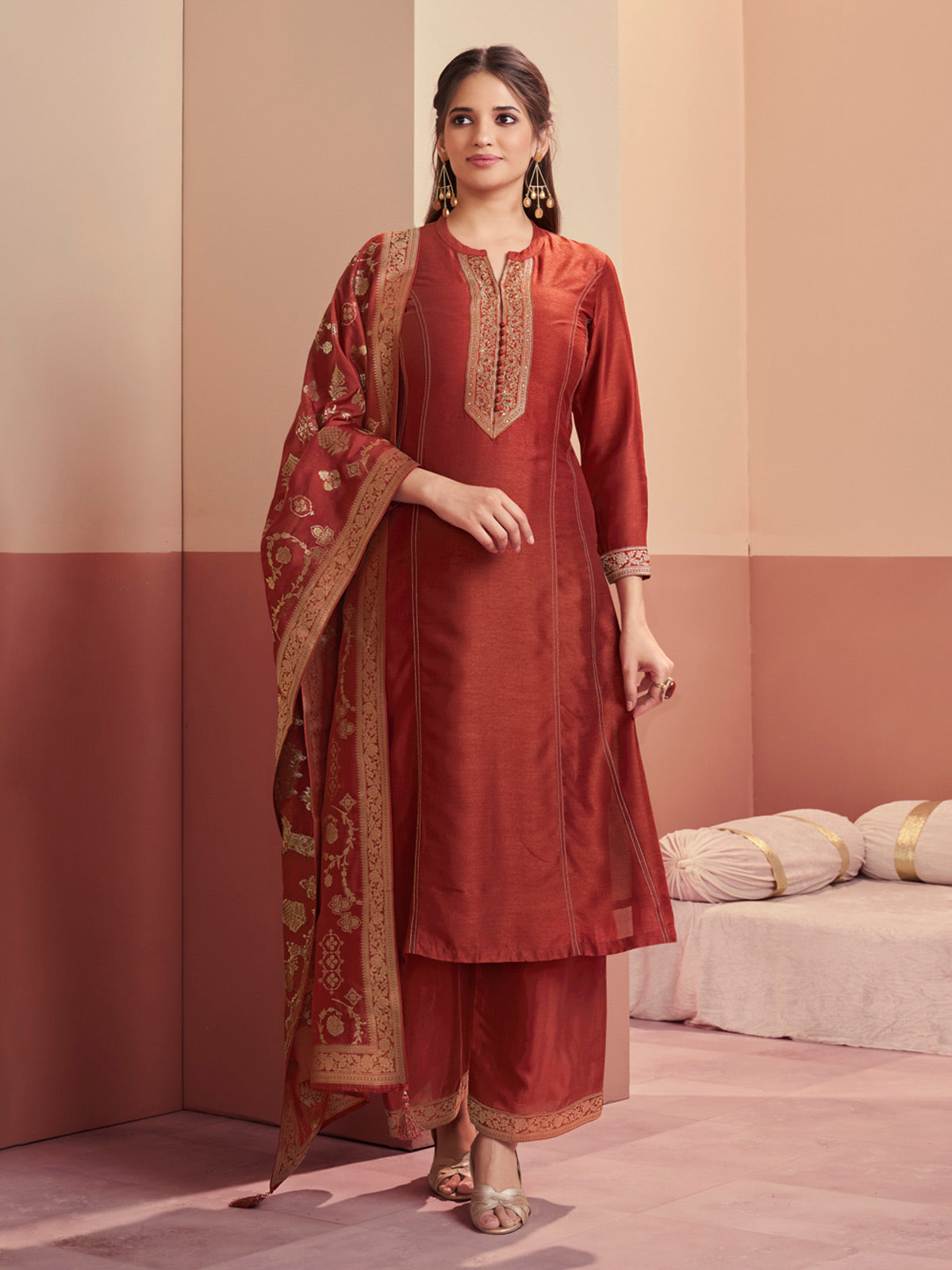 Rust brown heritage shimmer palazzo style salwar suit