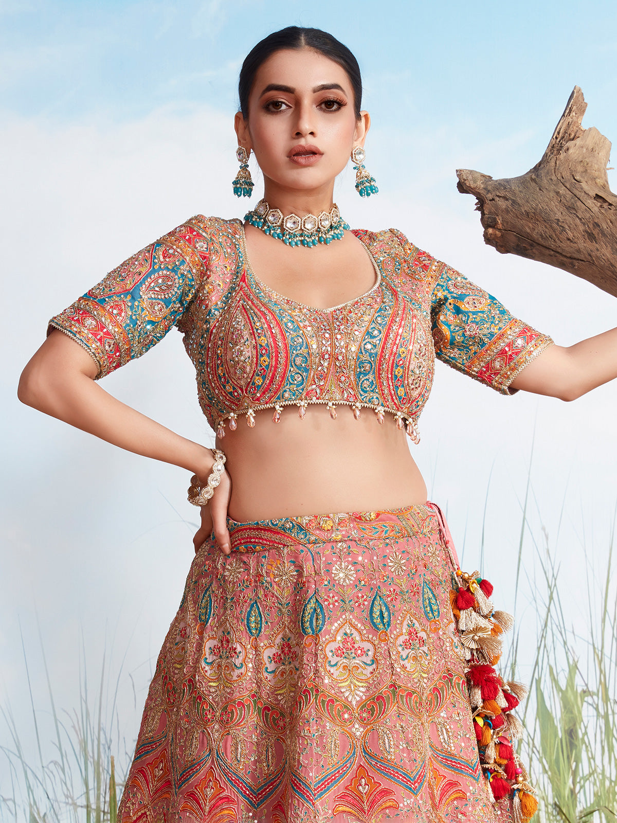Onion pink resham worked silk lehenga choli for women