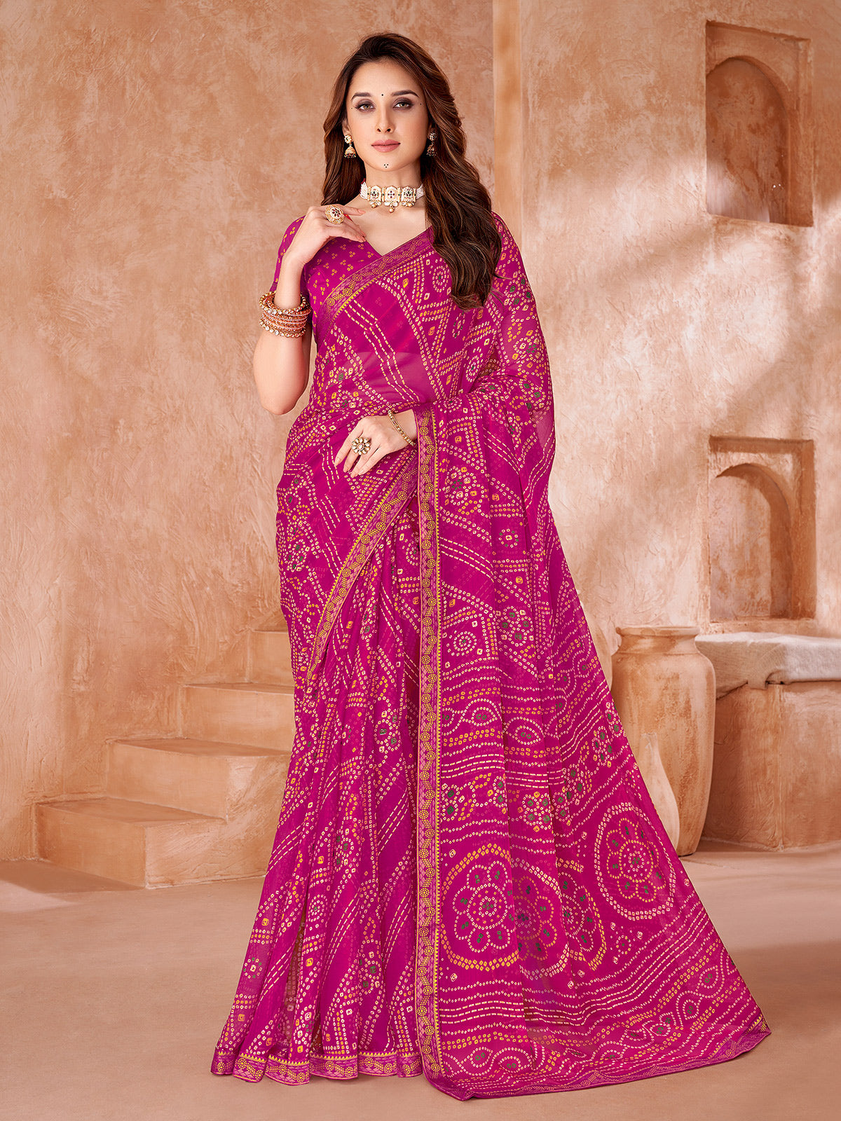 Rani pink printed chiffon with unstitched blouse