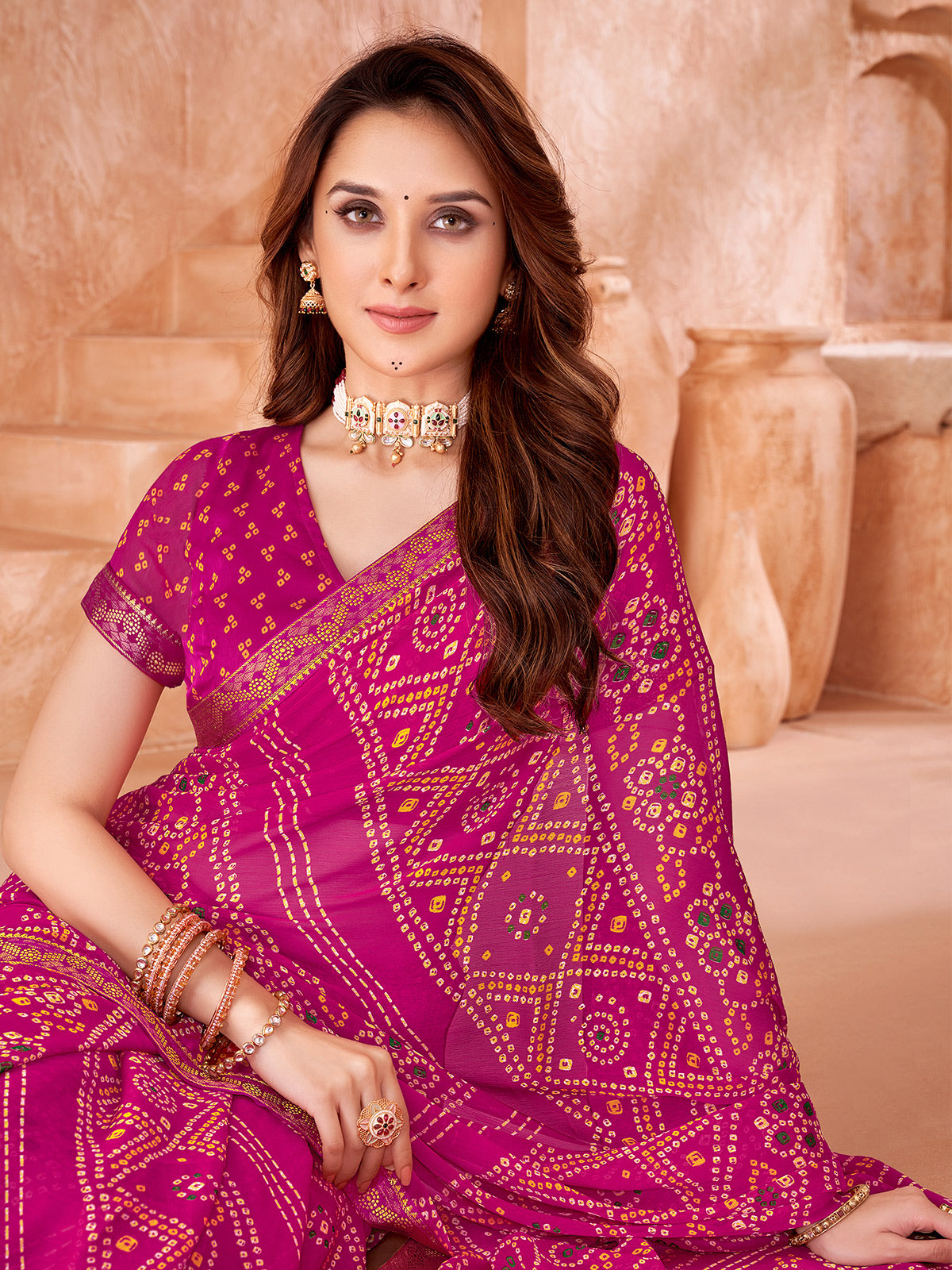 Rani pink printed chiffon with unstitched blouse