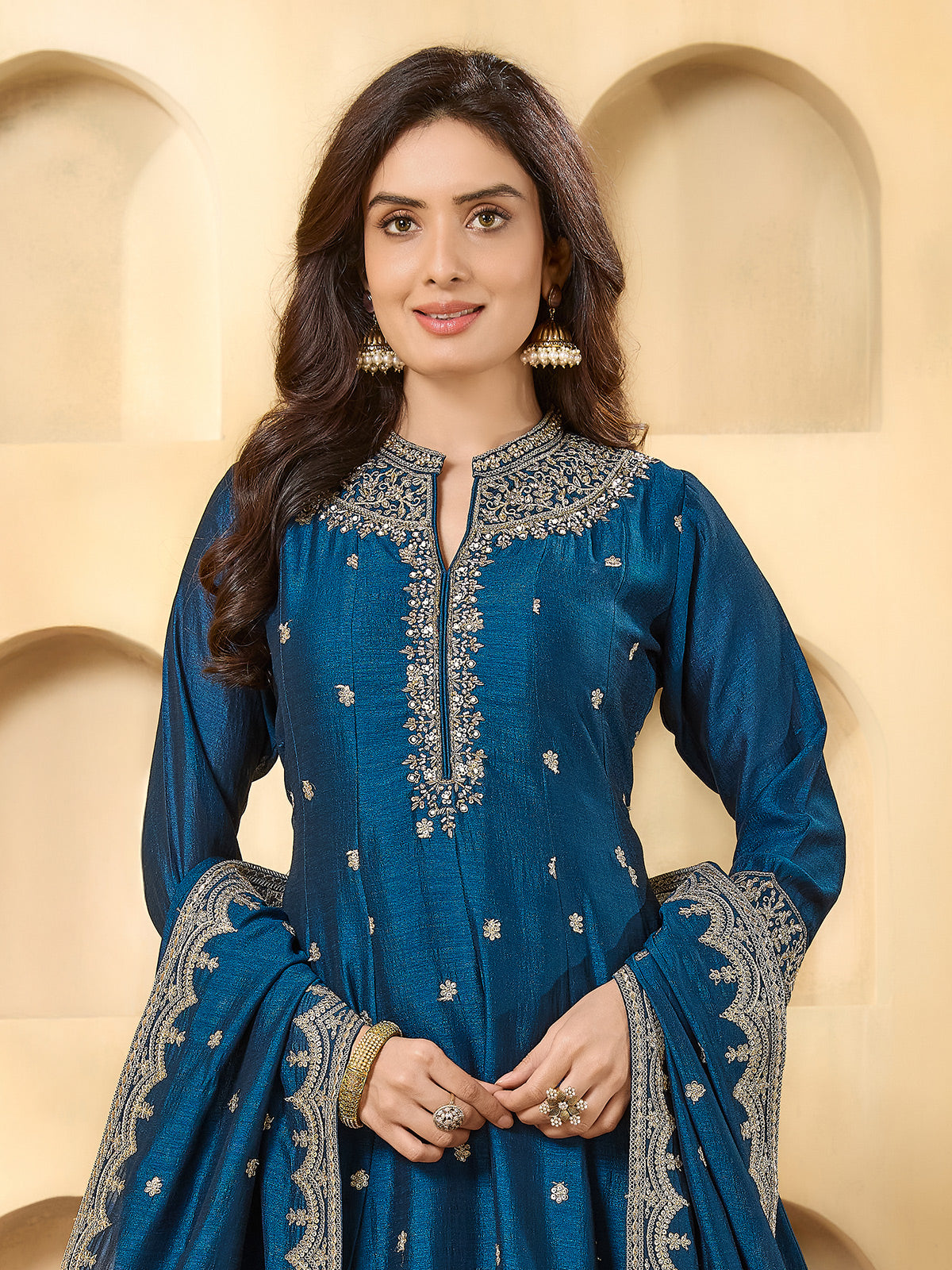 Royal blue silk stand collar festive salwar suit for women