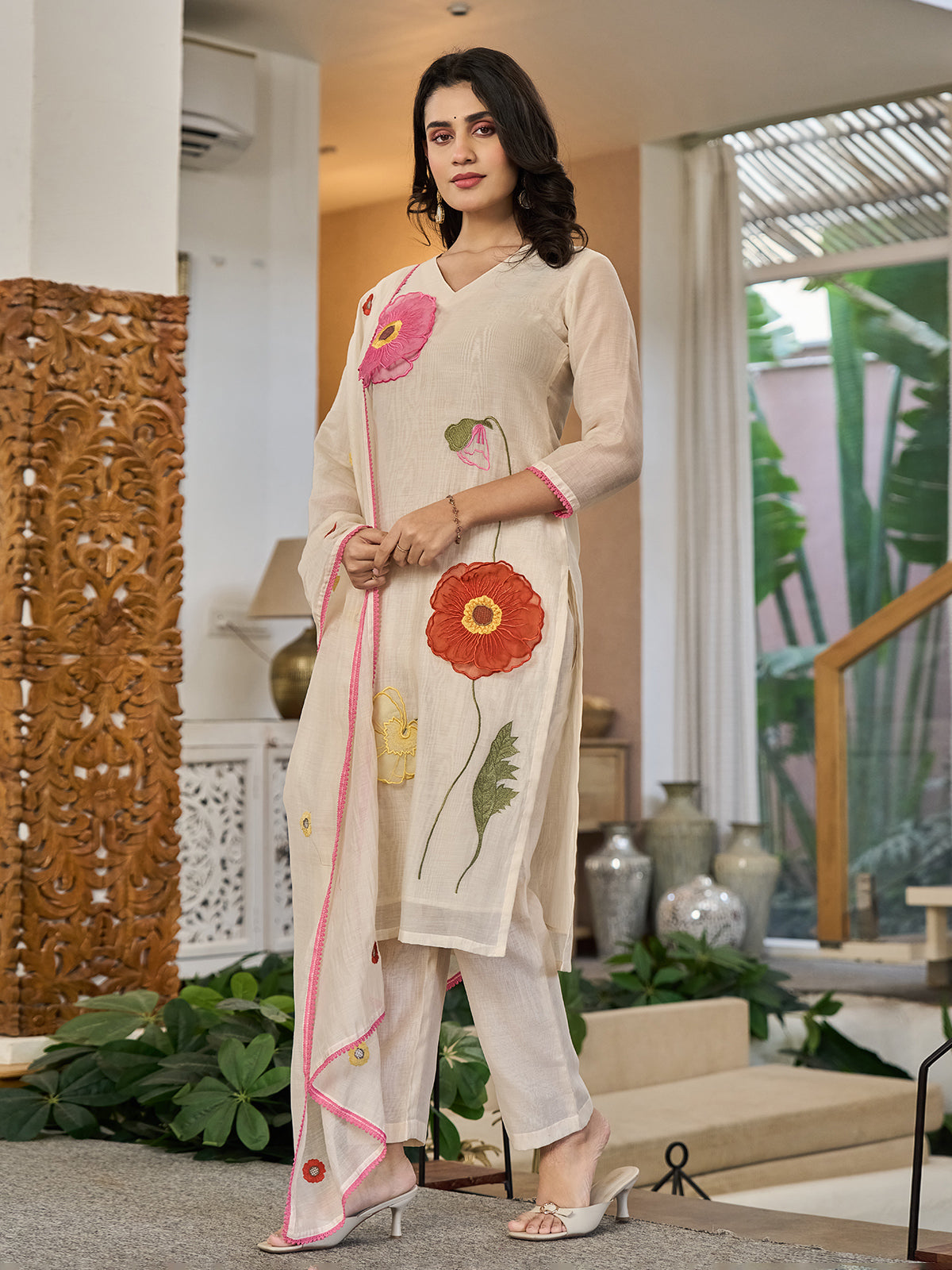 Beige cotton linen patch work kurti set