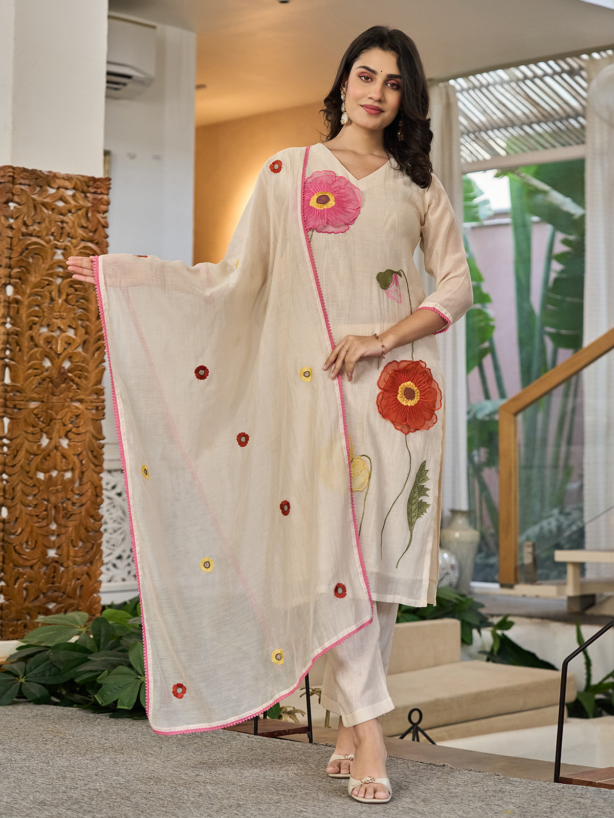 Beige cotton linen patch work kurti set