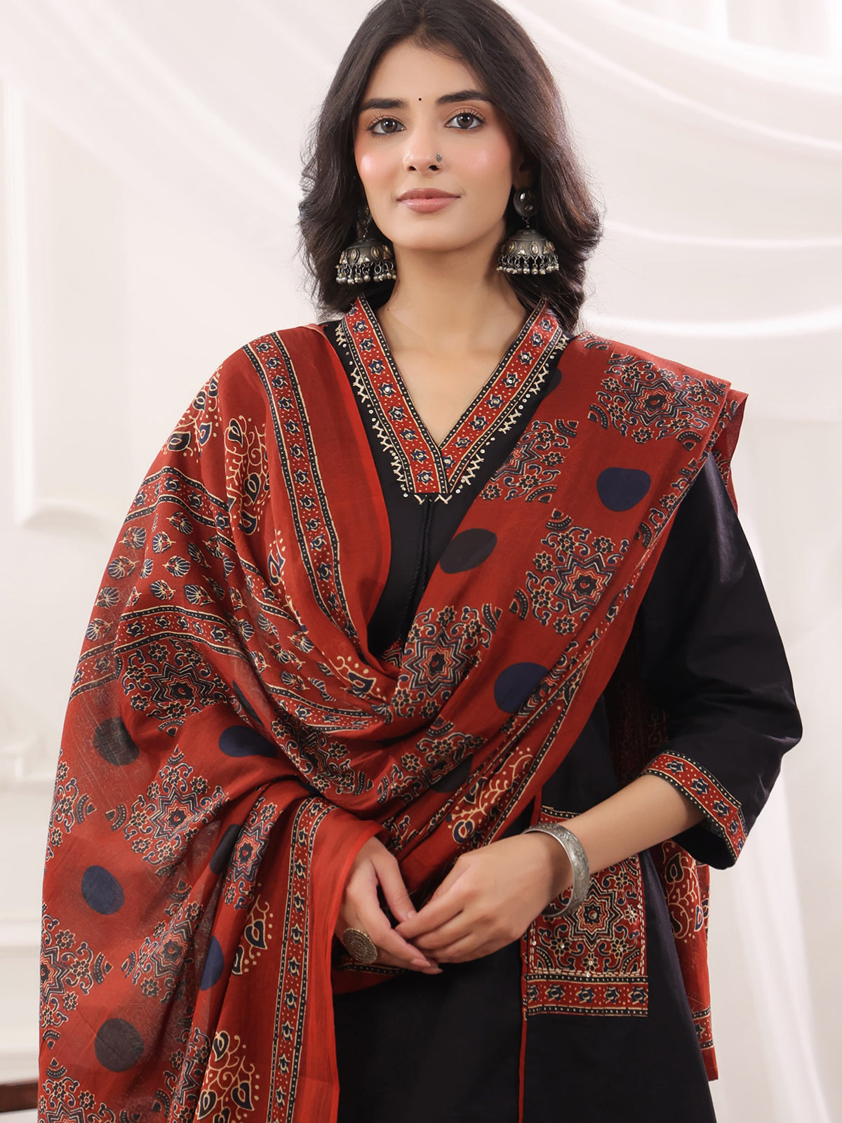 Black cotton silk ajrakh anarkali festive kurti set