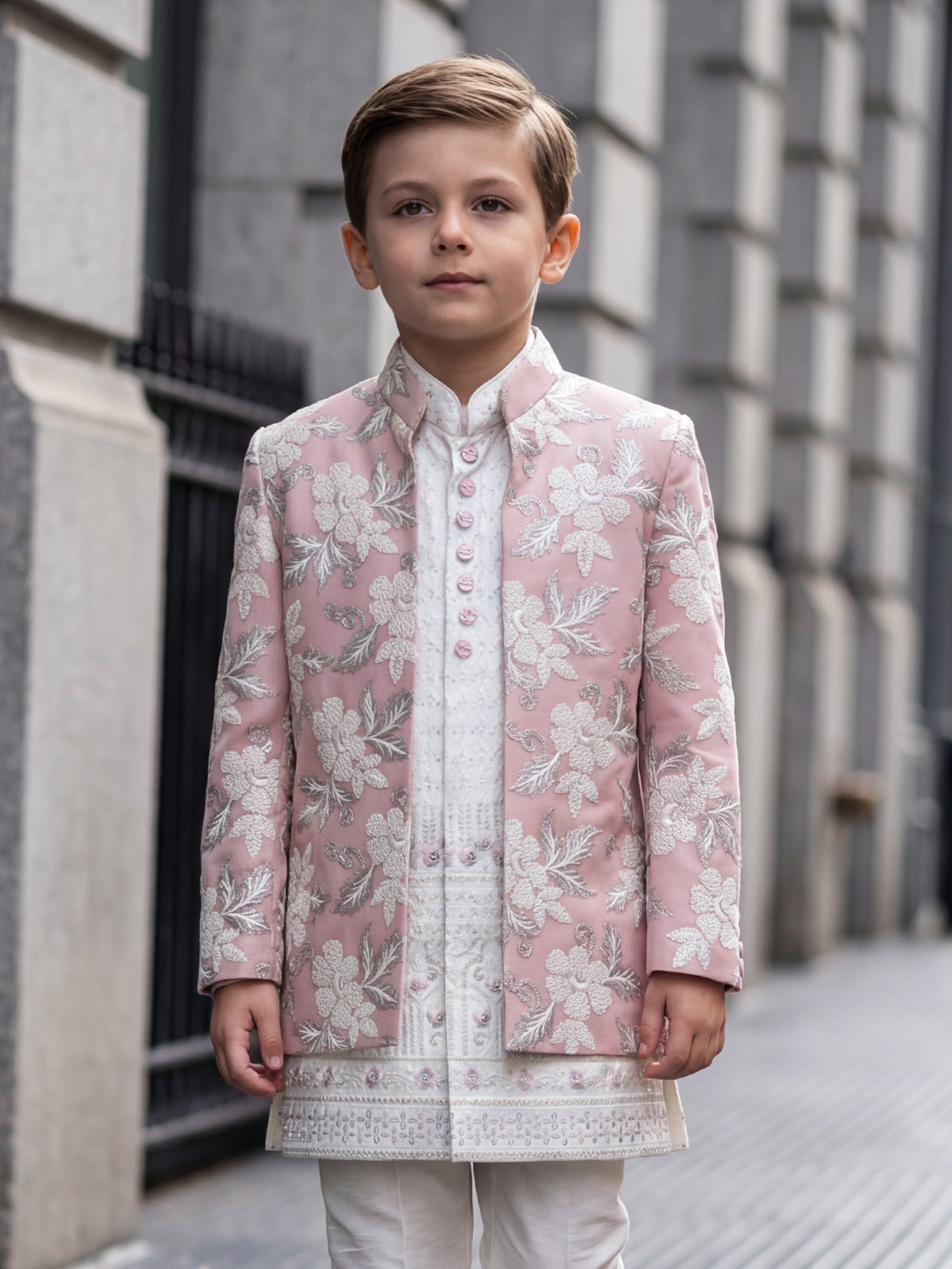 Light pink silk boys indowestern set with embroidery