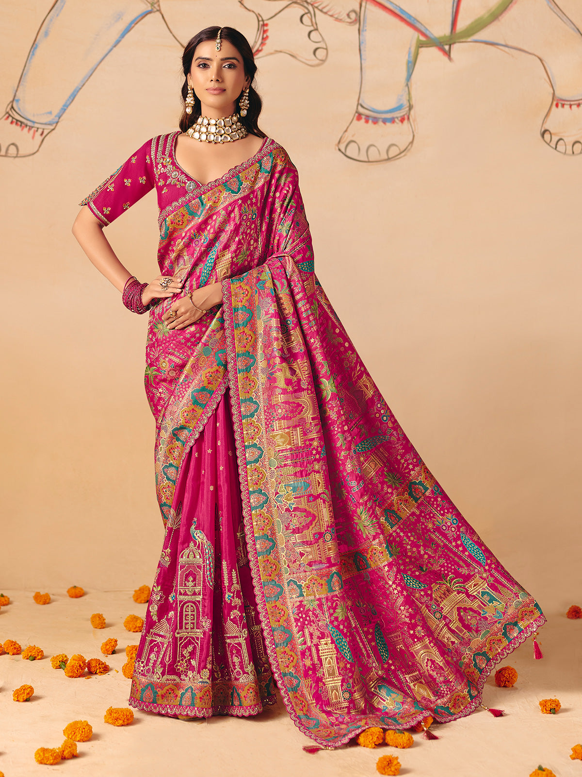 Magenta pink peacock temple pattern banarasi silk creation