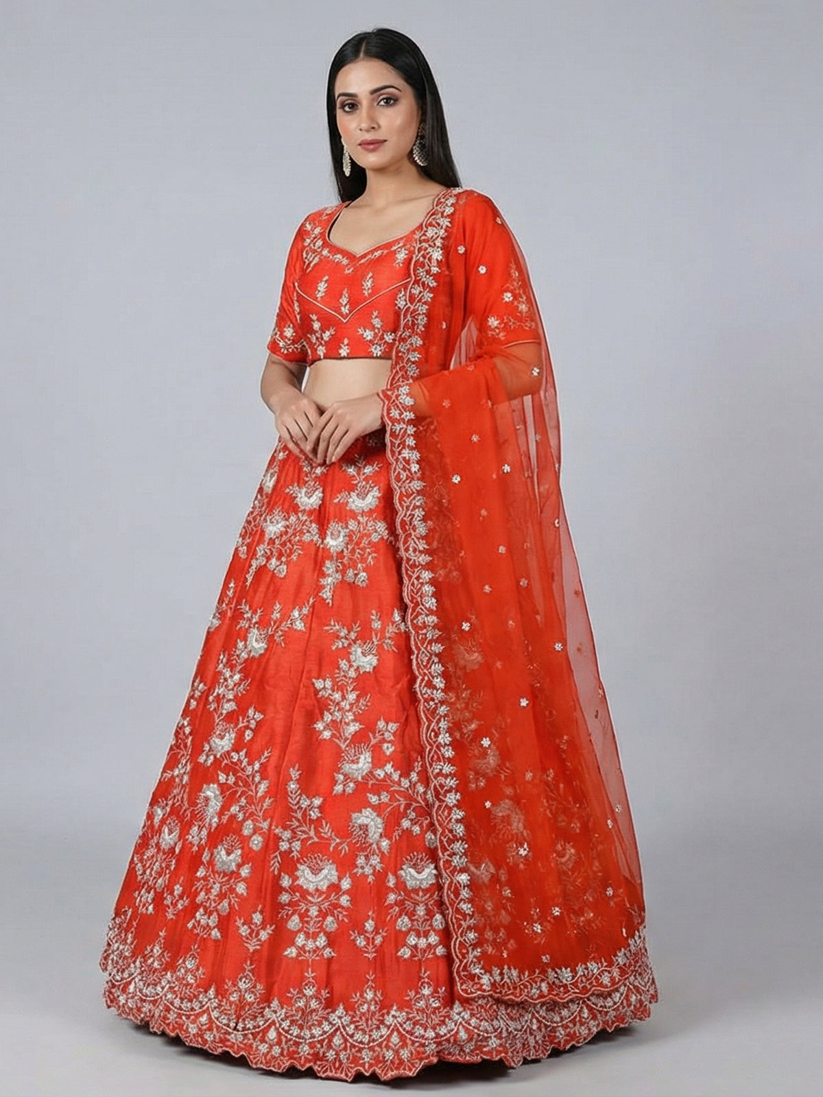 Rust orange raw silk embellished lehenga choli