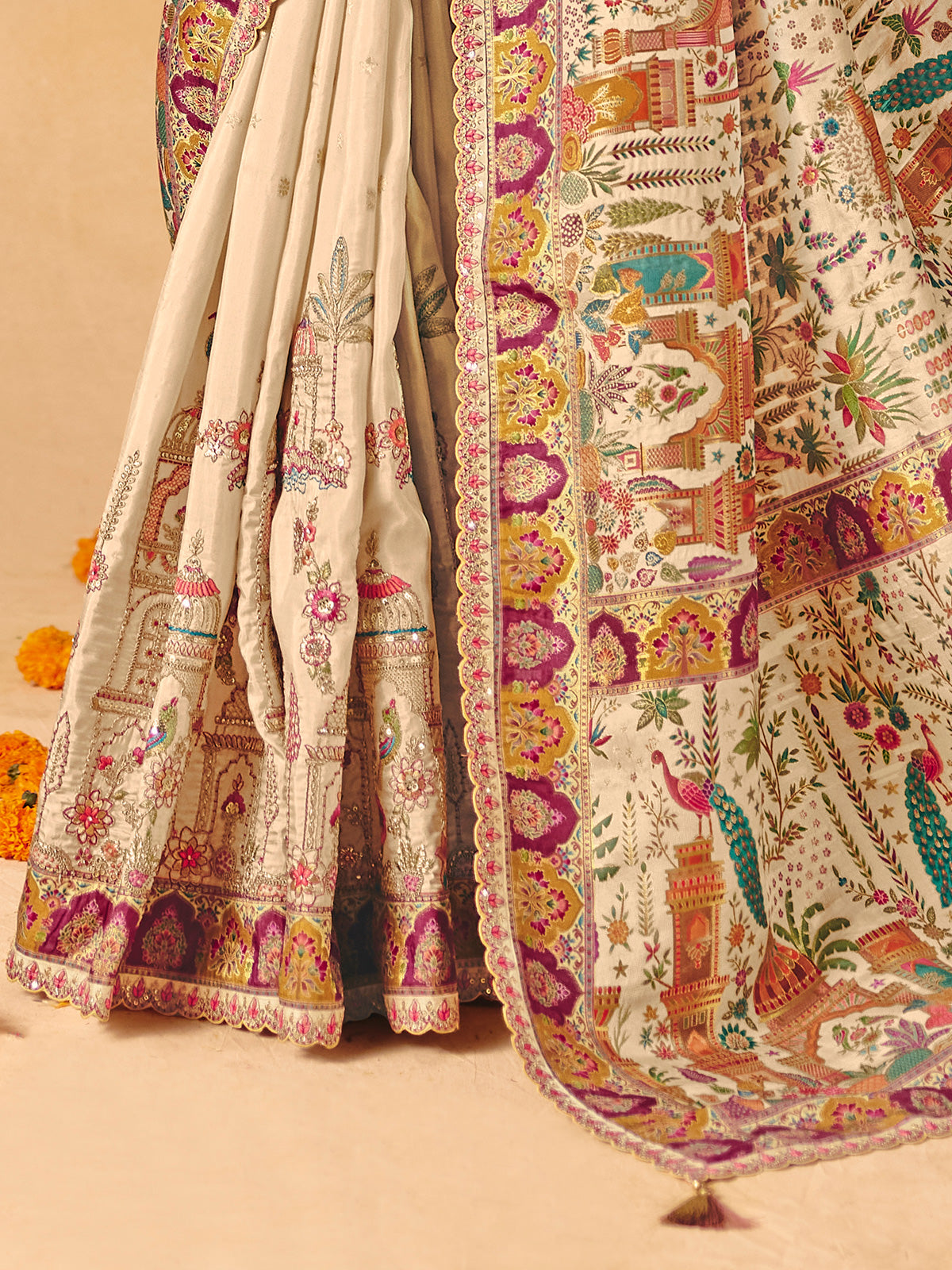 Beige peacock heritage design banarasi silk elegance
