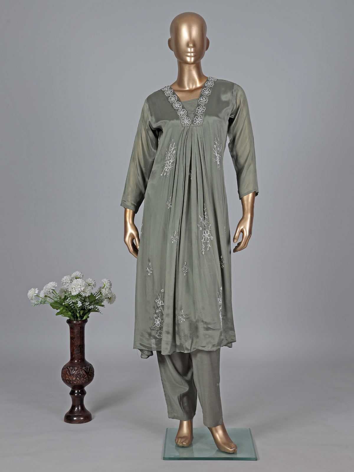 Green satin georgette silk anarkali pant salwar suit