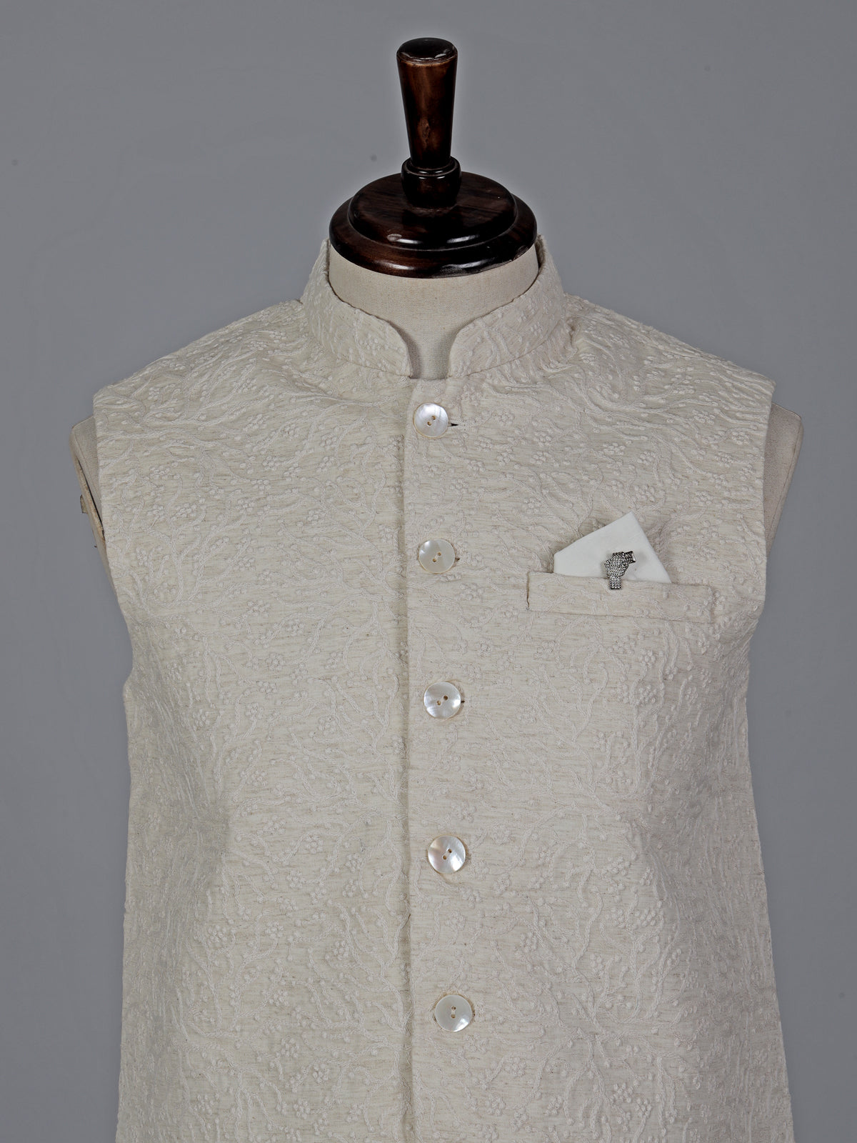 Off white cotton silk embroidered mens waistcoat