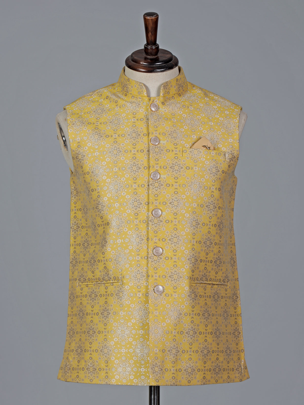 Yellow silk blend jacquard waistcoat with zari woven charm