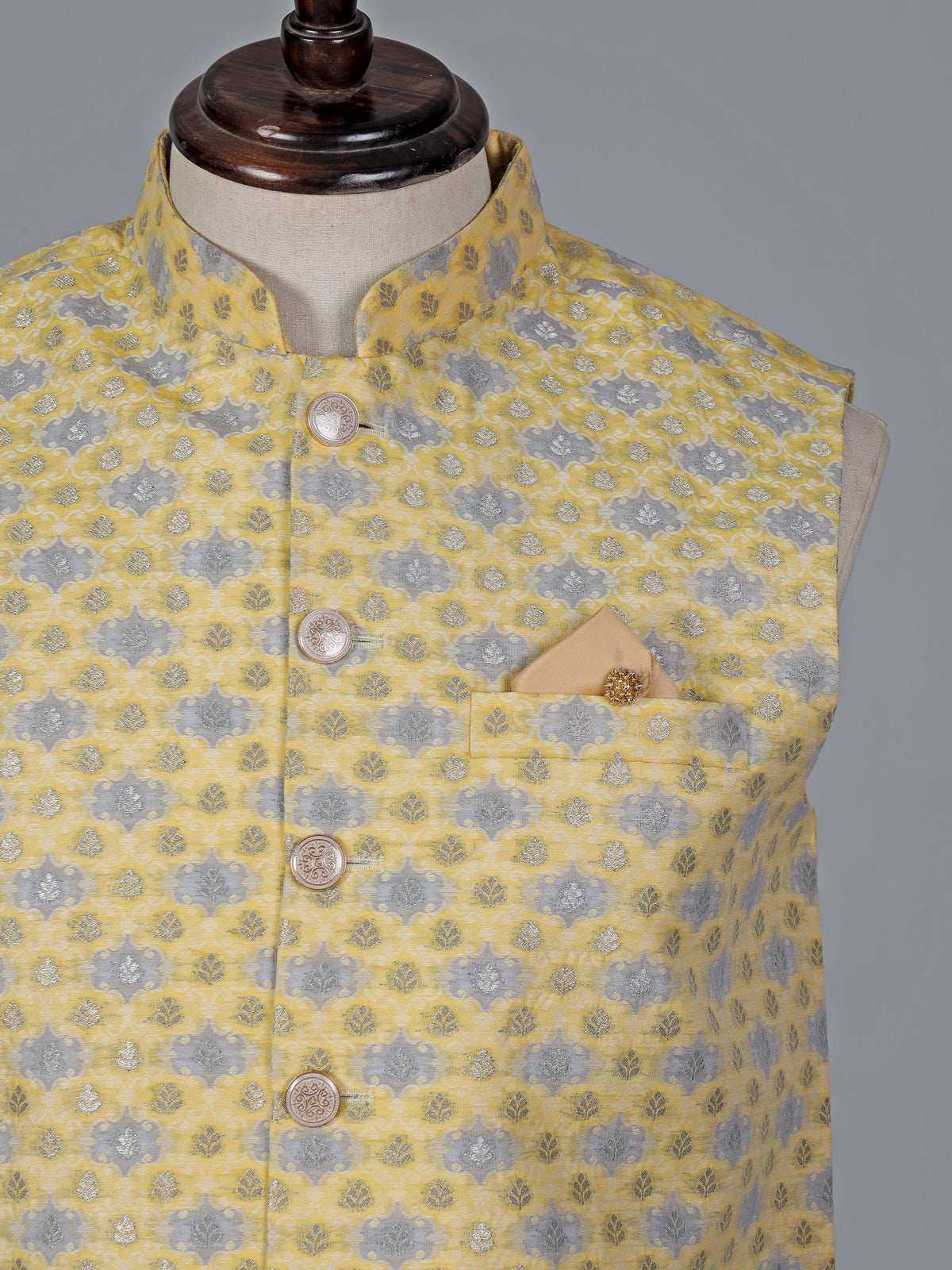 Yellow cotton silk printed waistcoat with resham detailing