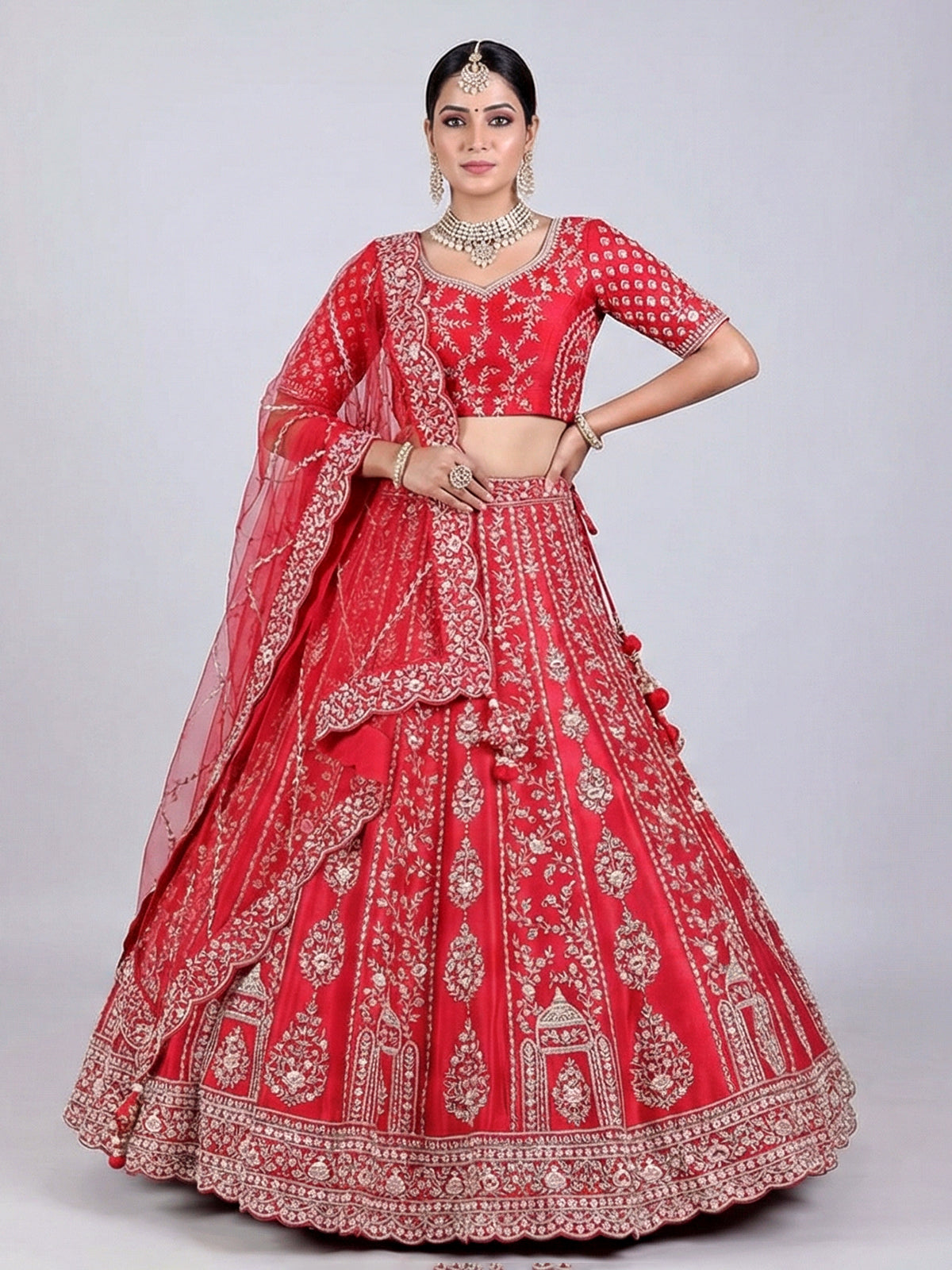 Red raw silk zardosi and beaded bridal lehenga choli