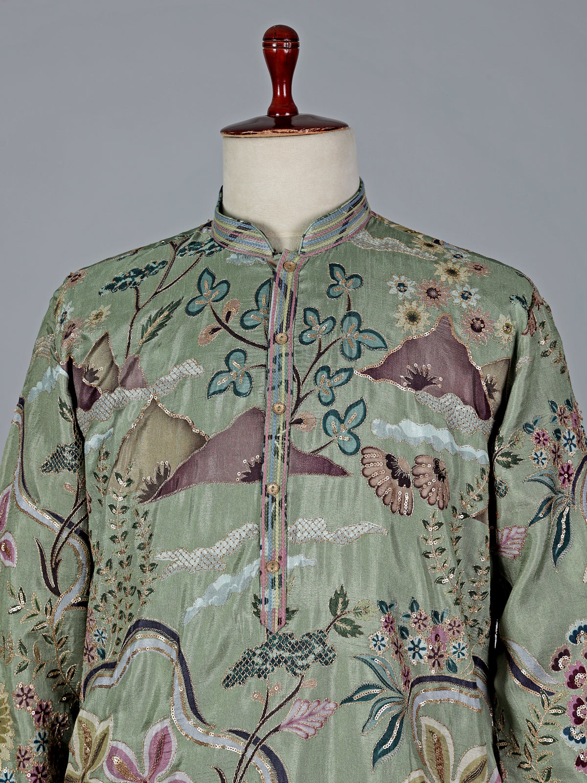 Brown cotton silk printed kurta suit with resham and sequin work