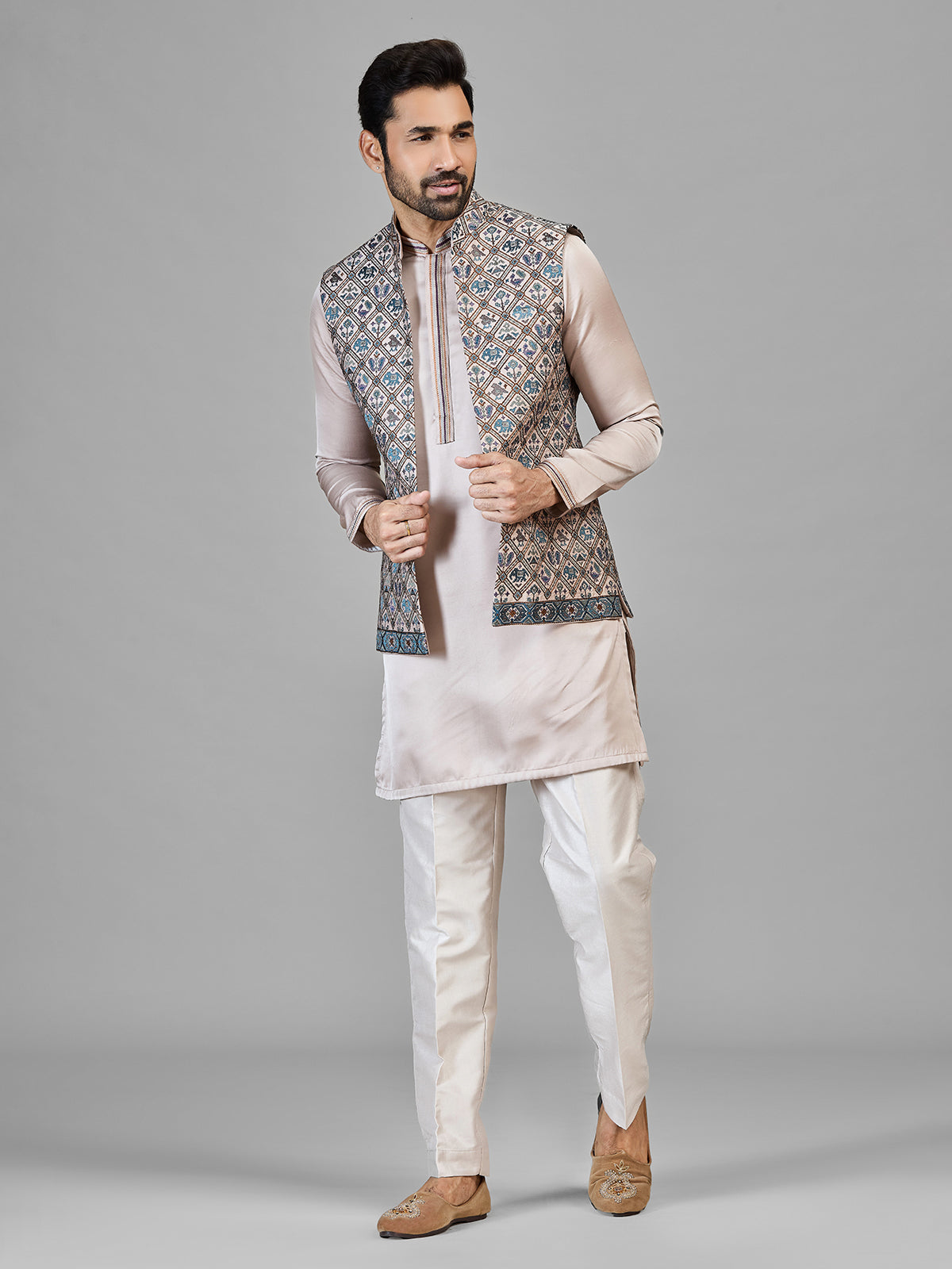 Beige silk waistcoat set with thread detailing for mens