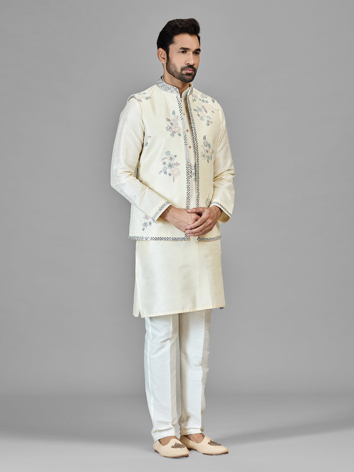 Cream silk waistcoat set with aabla work
