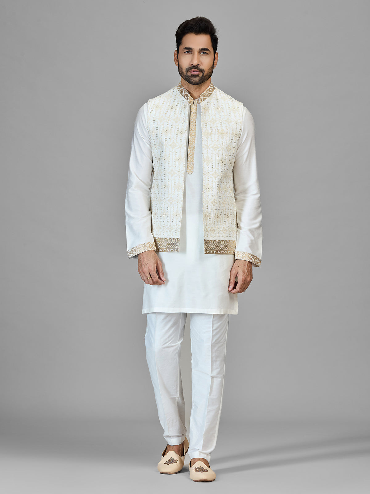 Off white slk waistcoat set with resham and sequins
