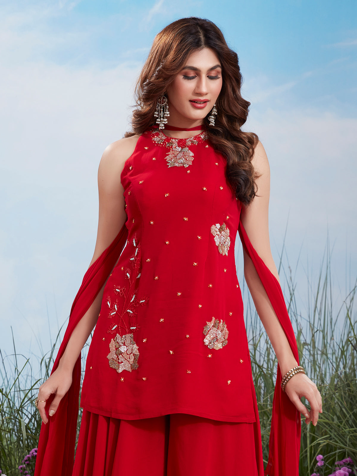 Red georgette sleeveless palazzo partywear ensemble
