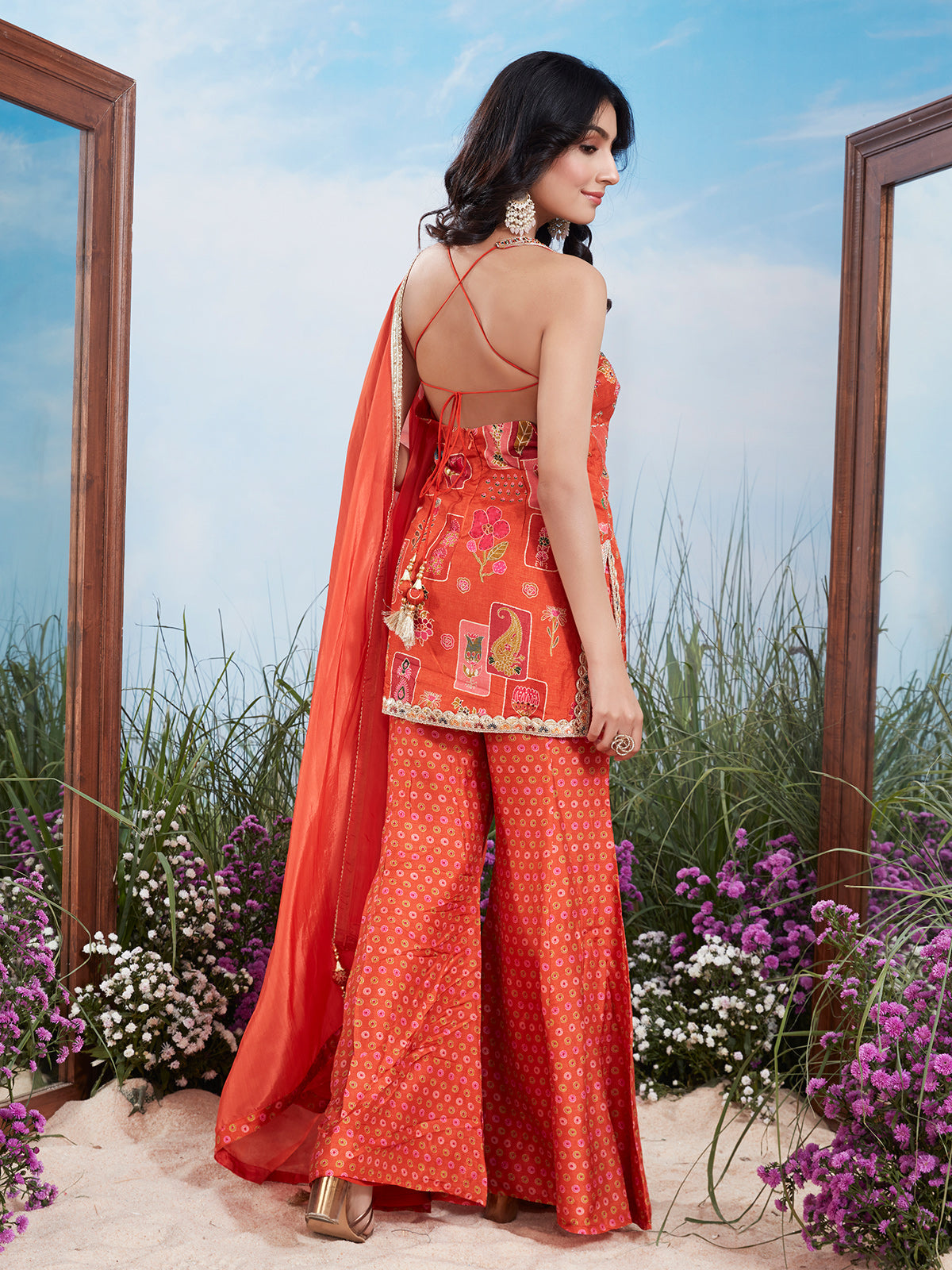 Orange brocade silk zardosi sharara suit with dupatta