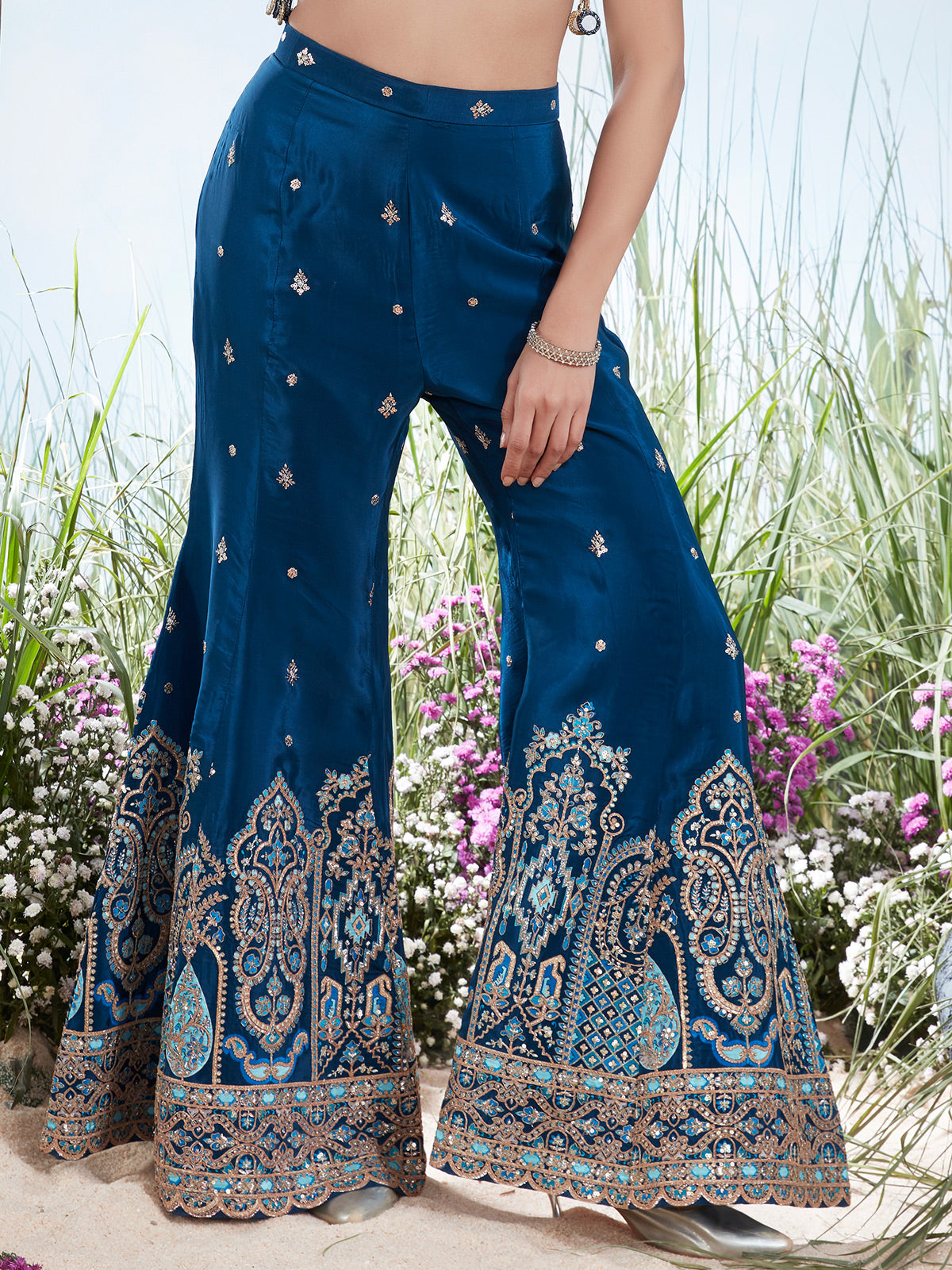 Blue indo western mirror work muslin palazzo suit