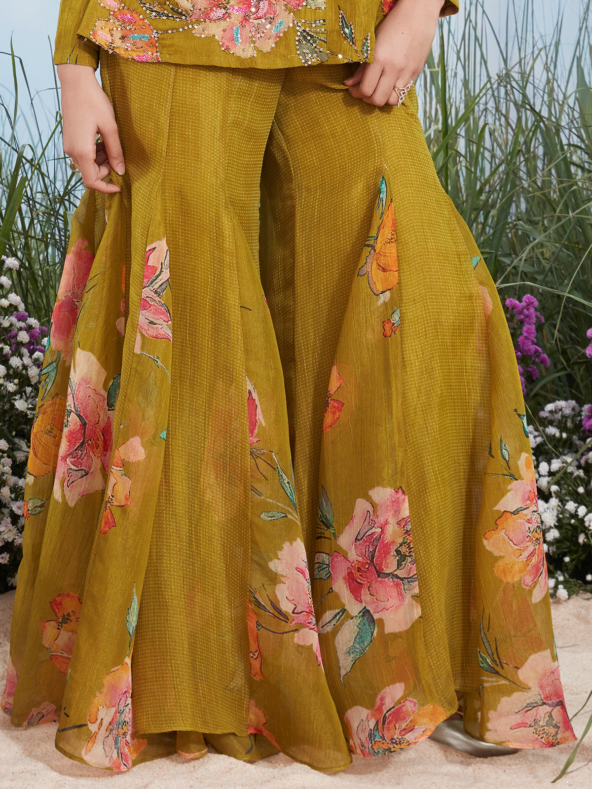 Olive green floral crushed tissue silk sharara suit