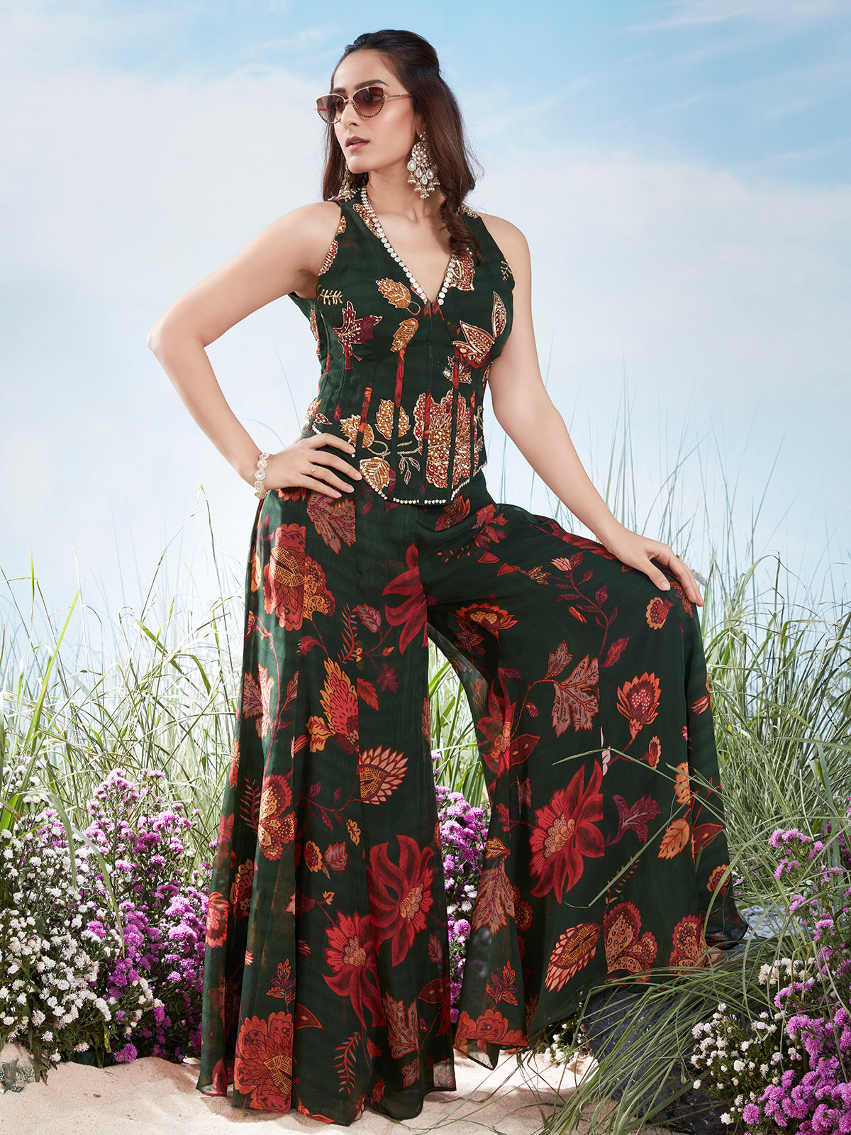 Dark green digital floral aabla work palazzo suit