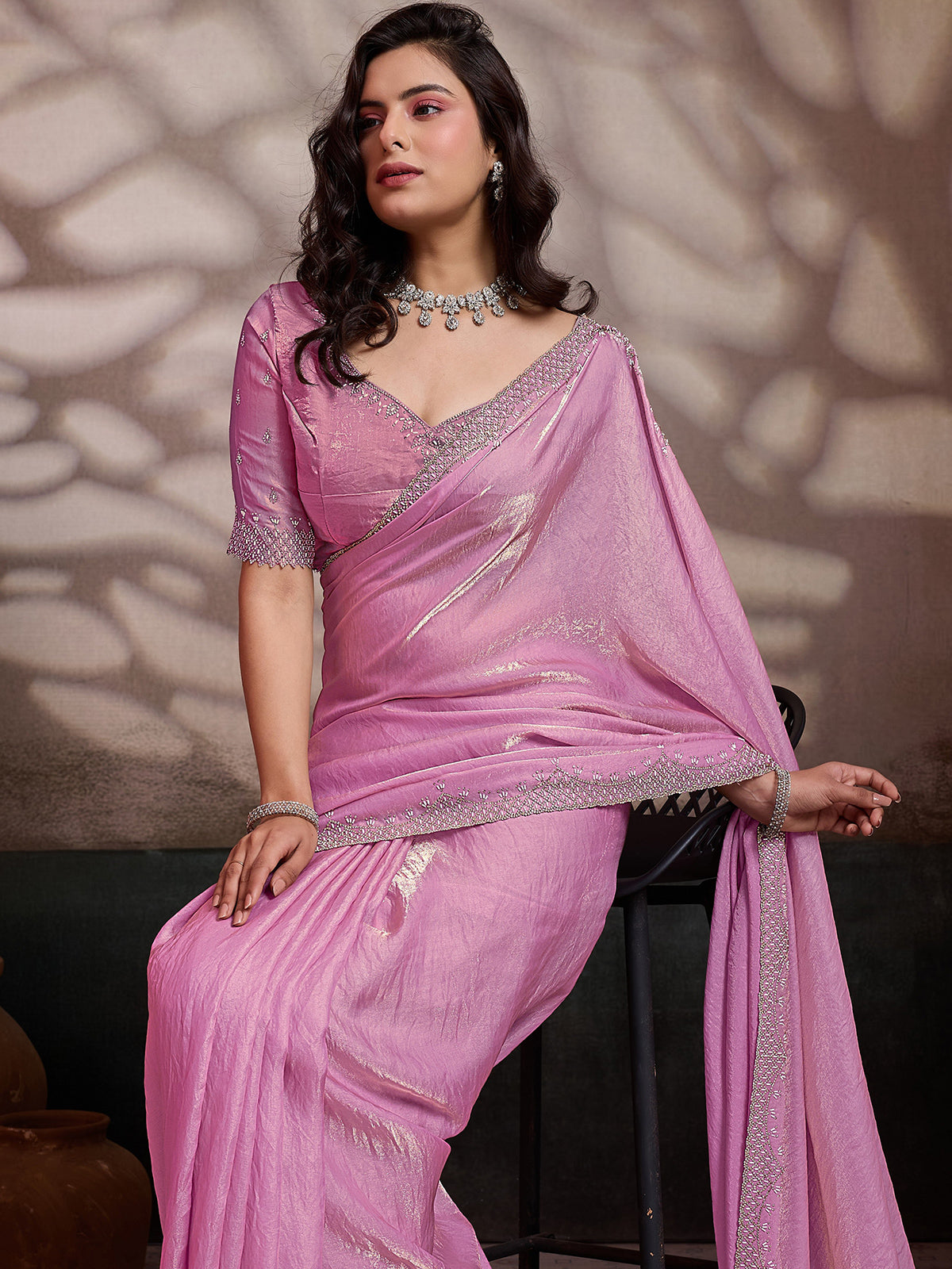Pink party wear satin silk saree