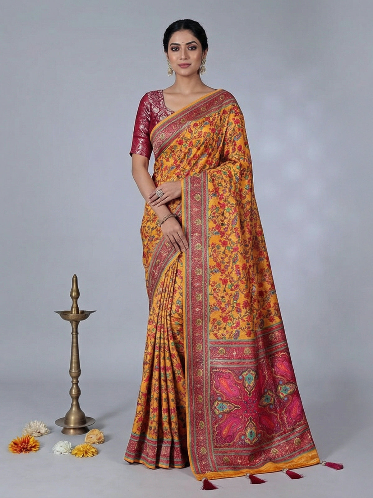 Yellow semi pashmina silk saree with zari shine