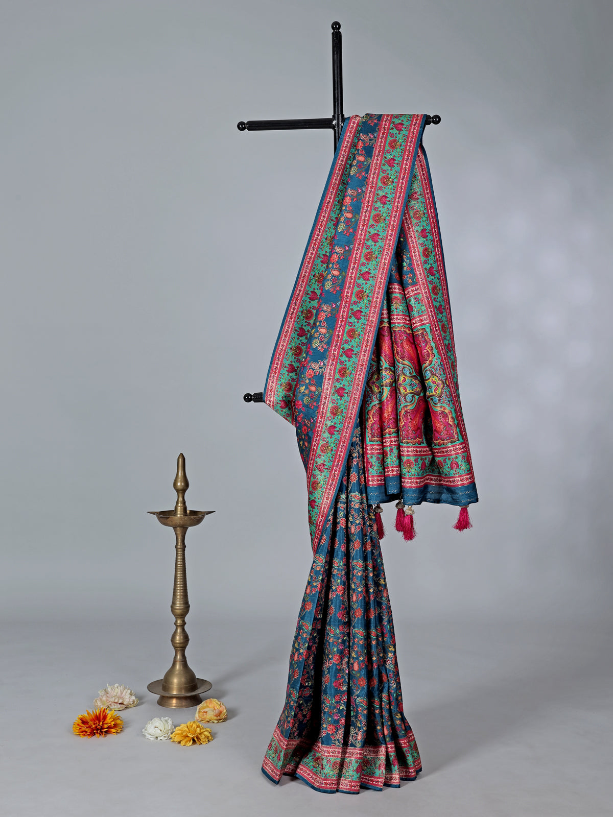 Rama blue wedding wear saree in semi pashmina silk