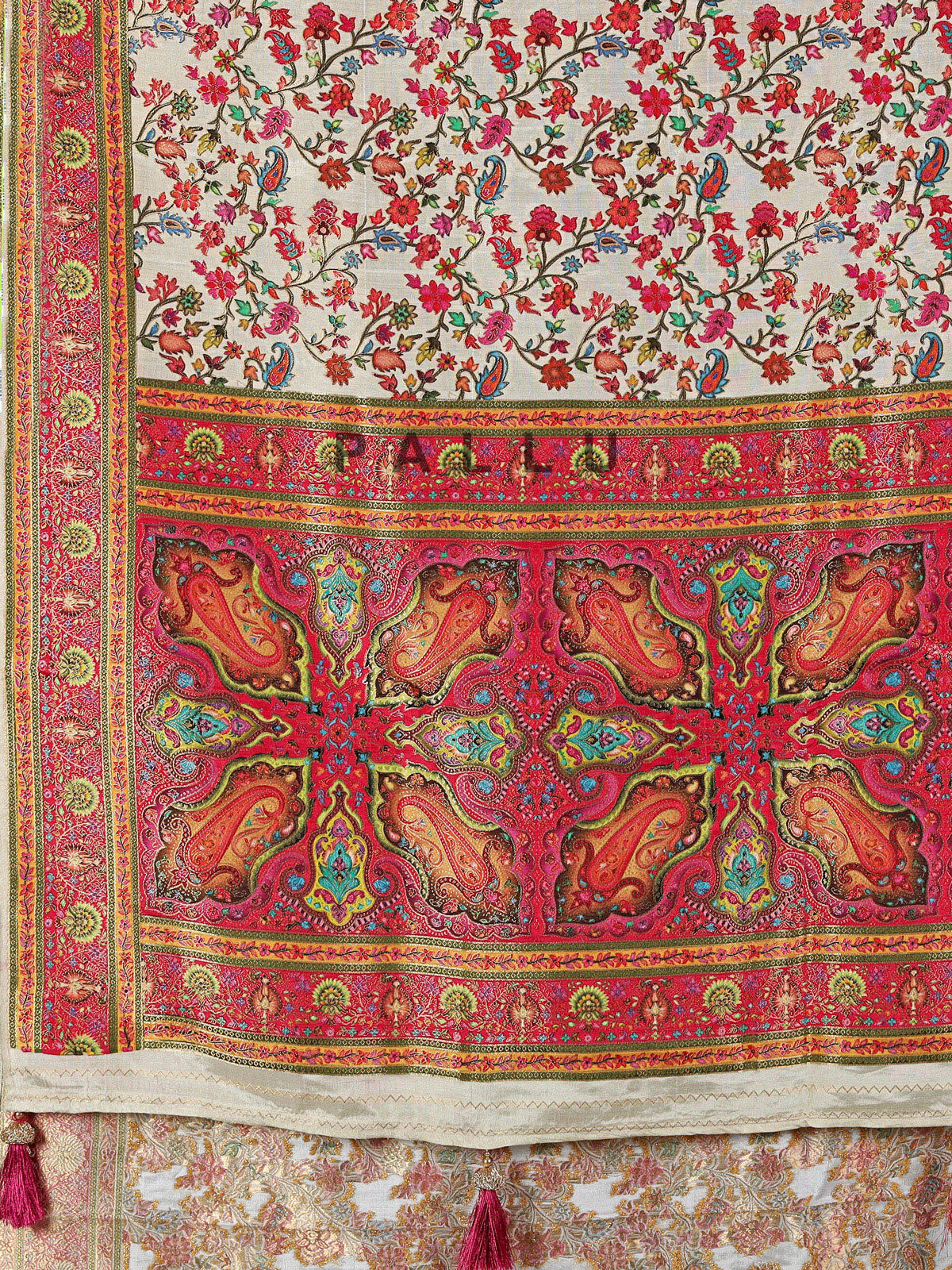 Cream semi pashmina silk saree with motfs weaving