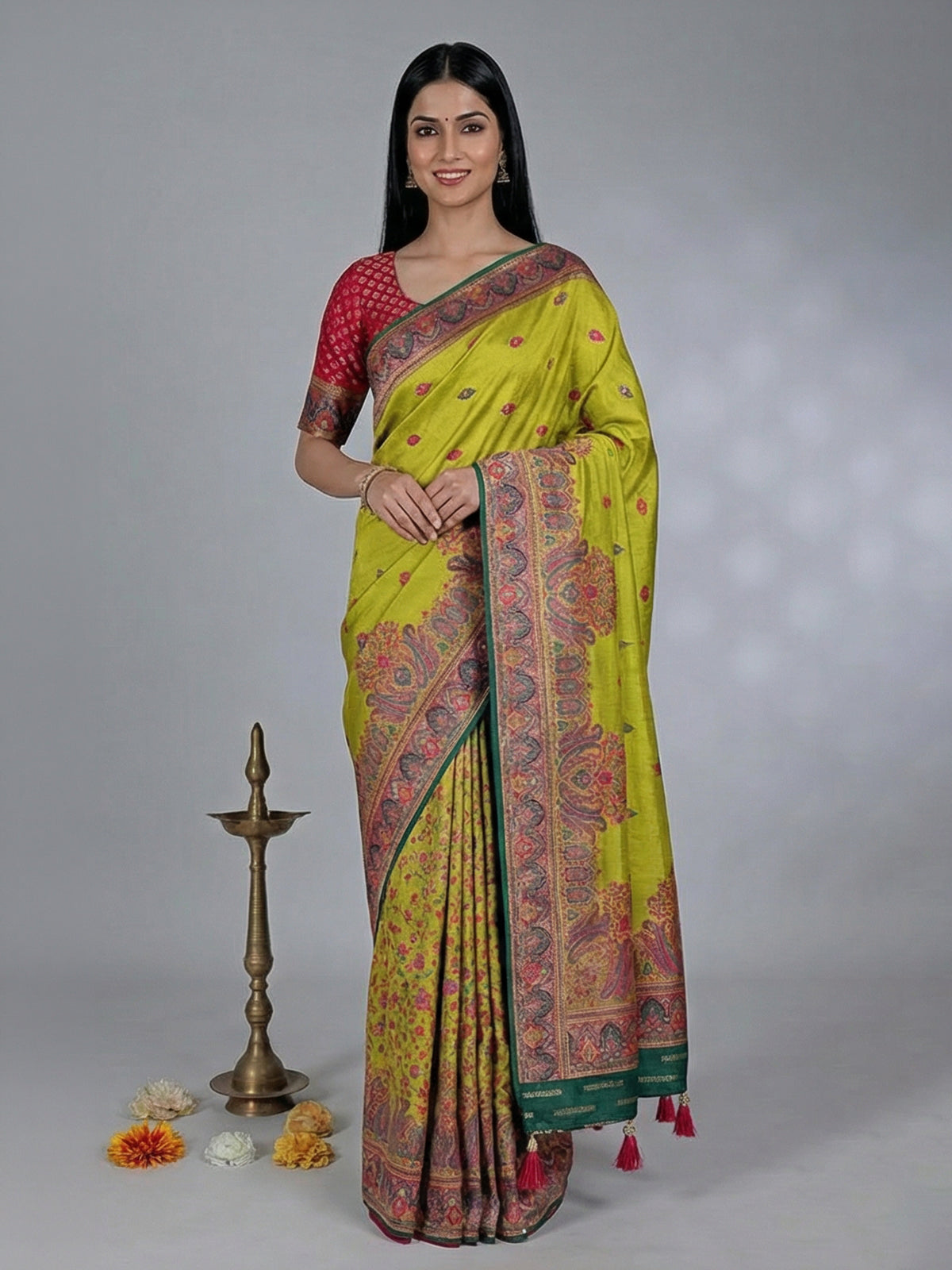 Light green semi pashmina silk saree for festive wear