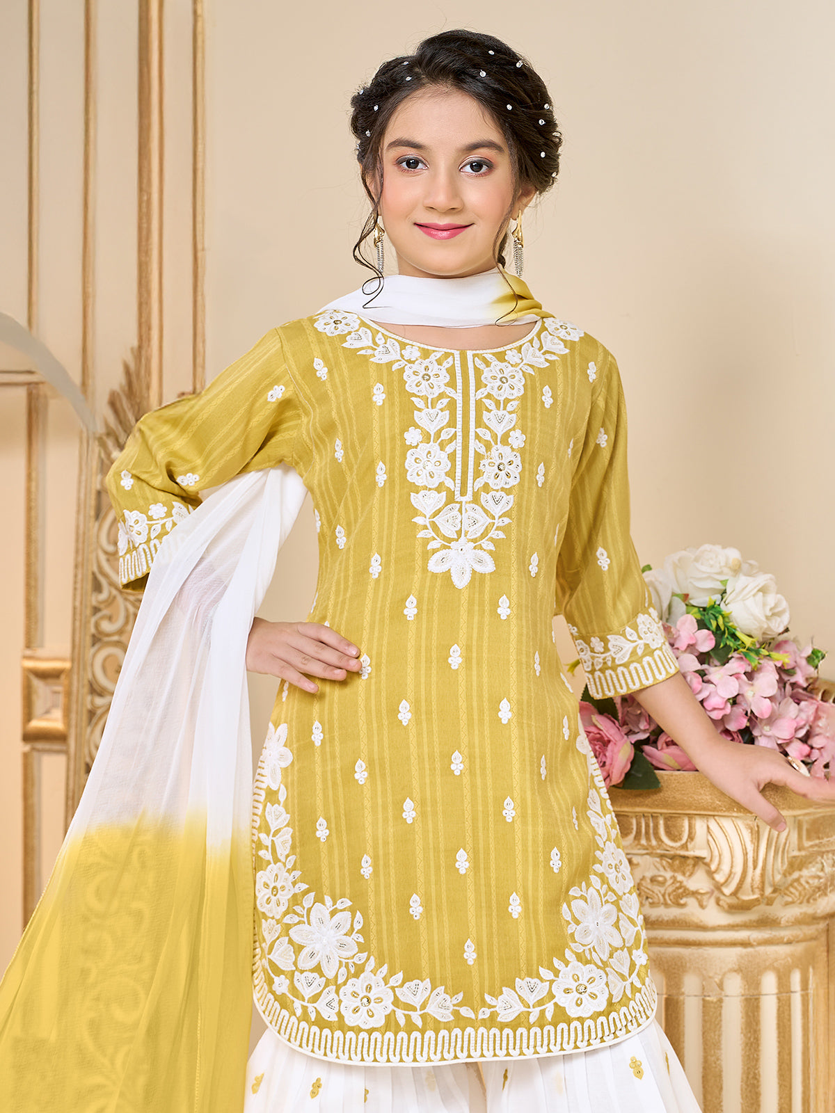 Yellow cotton sharara suit with dupatta