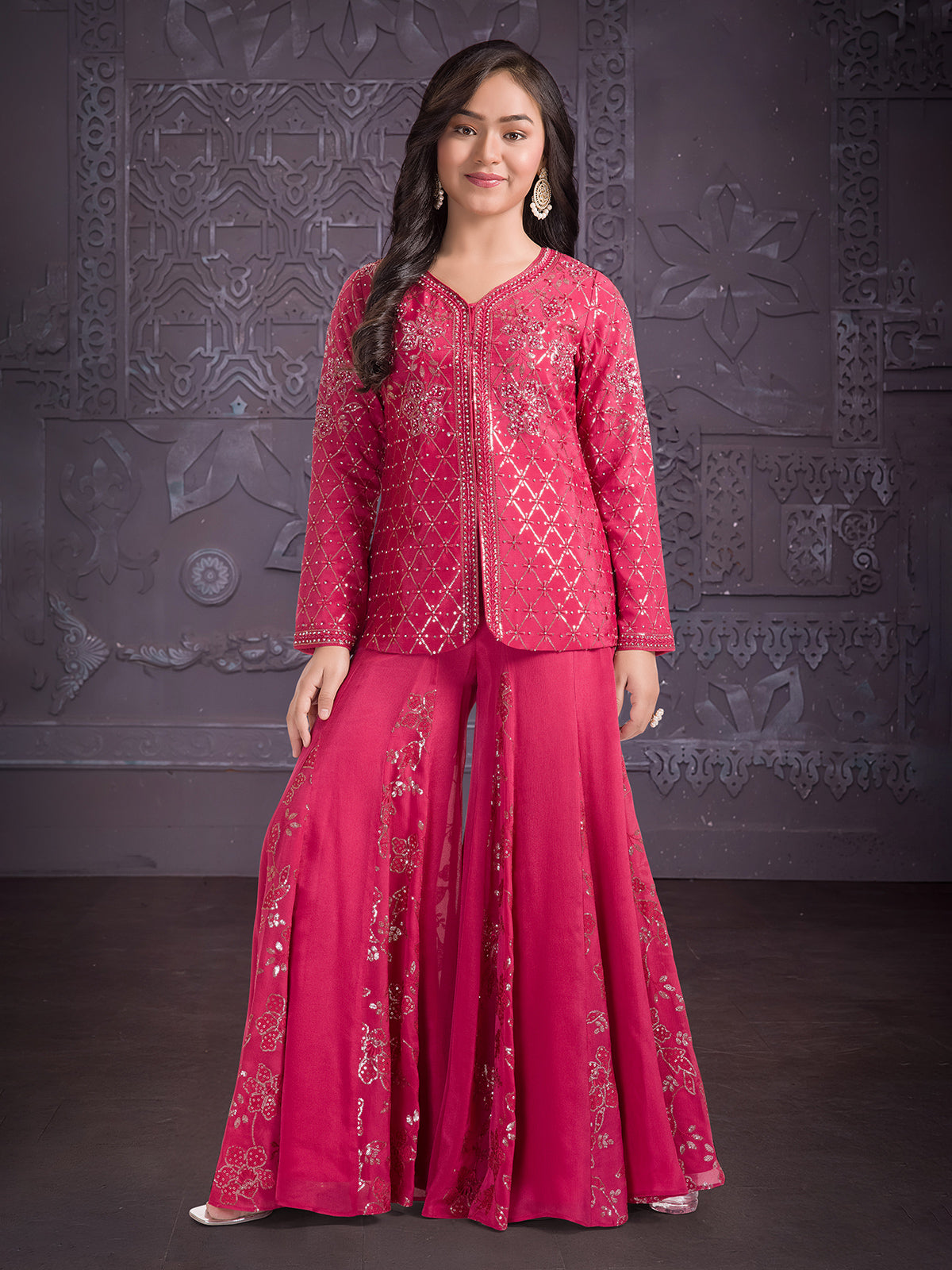 Dark peach sequins work palazzo suit