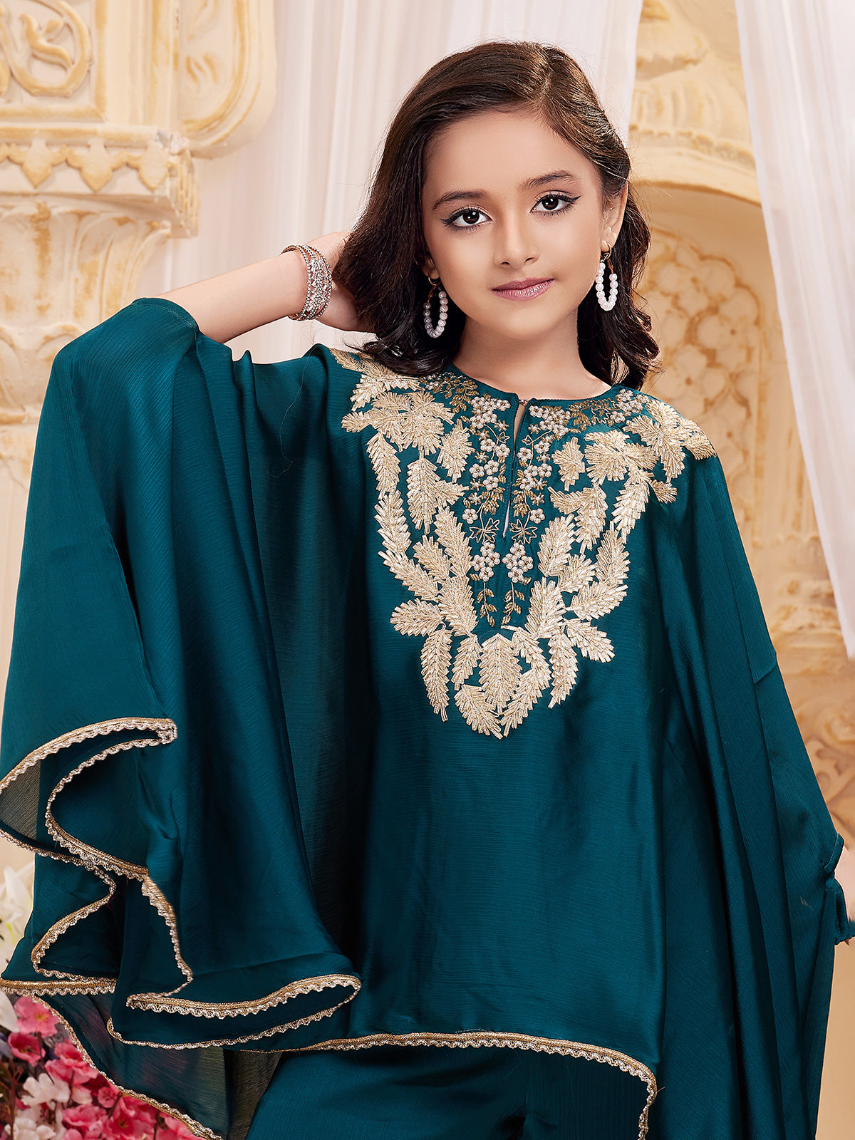 Teal blue chiffon ponchos style palazzo suit