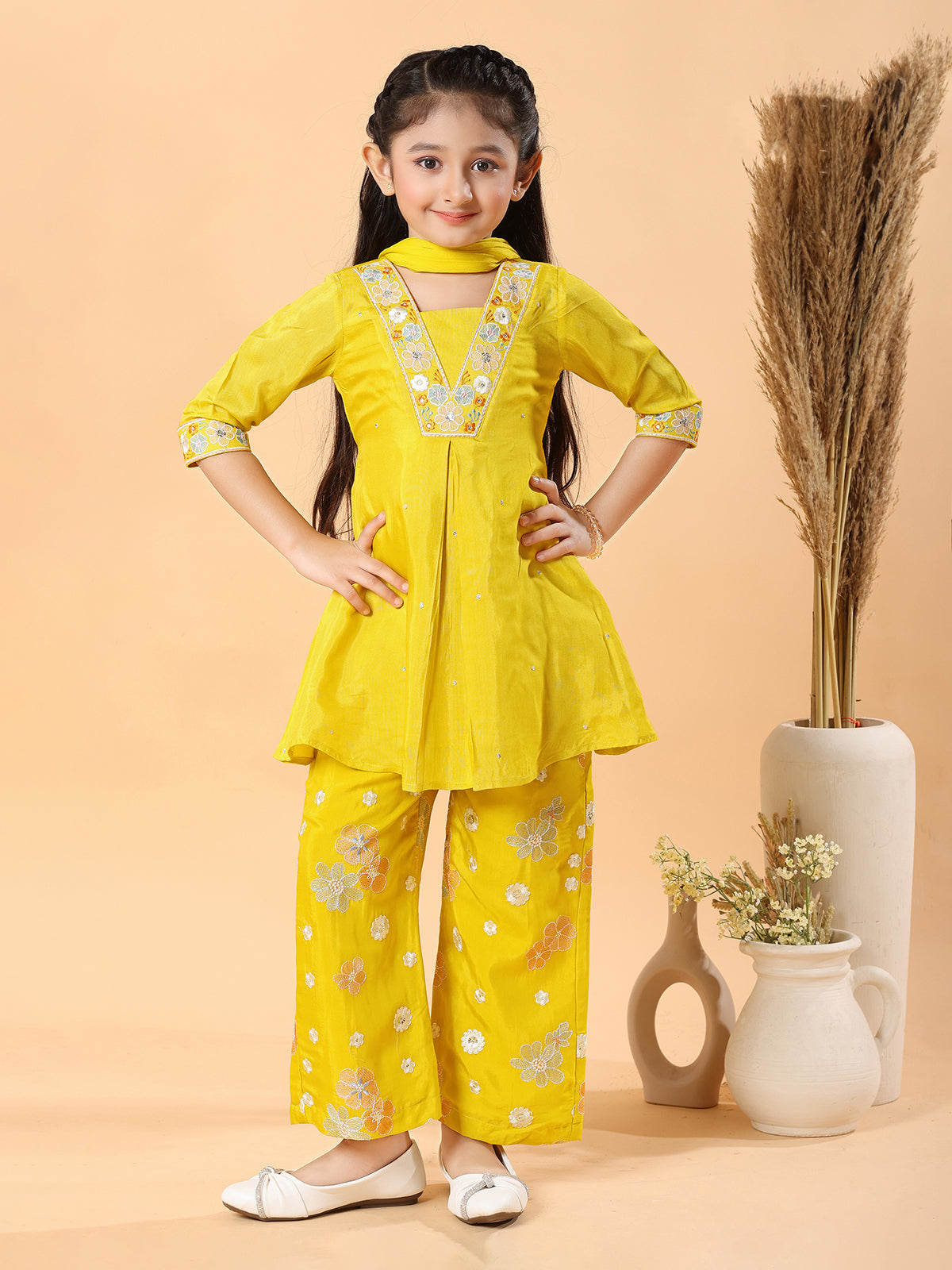 Yellow festive wear palazzo suit with dupatta
