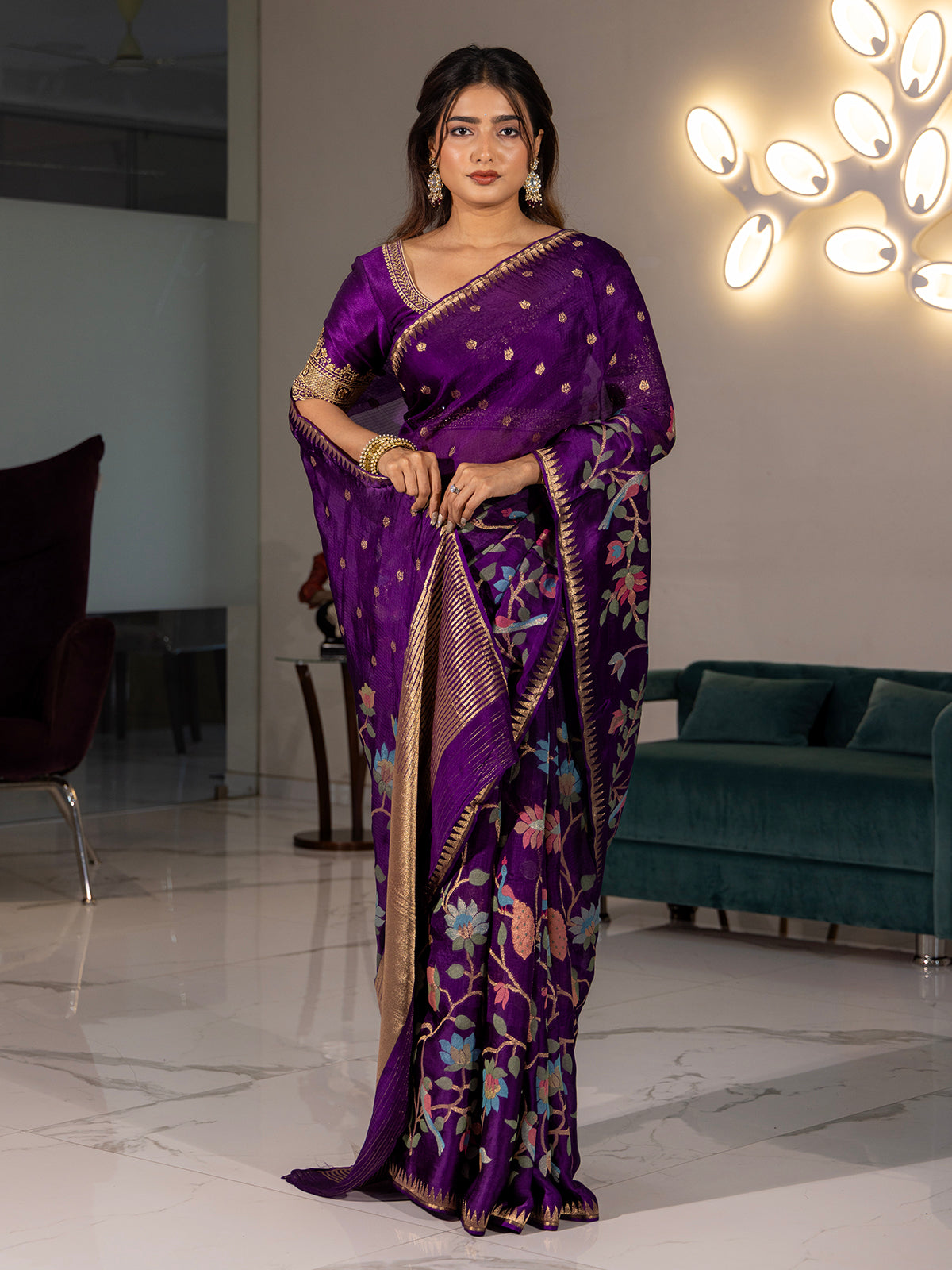 Purple zari worked cotton silk saree with floral motif weaving