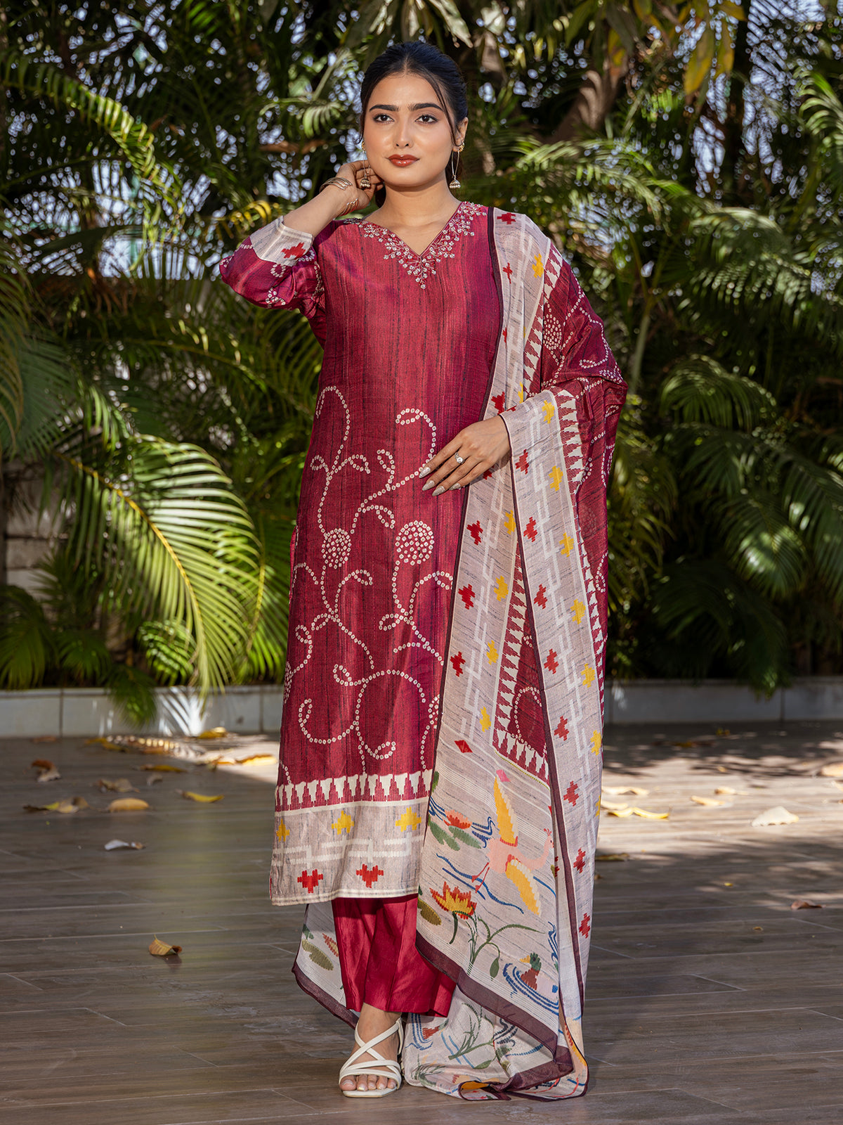 Maroon printed silk kurti set with printed dupatta