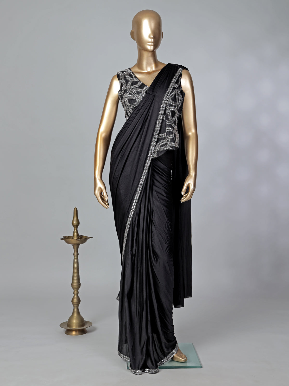 Black lycra ready to wear saree for reception wear