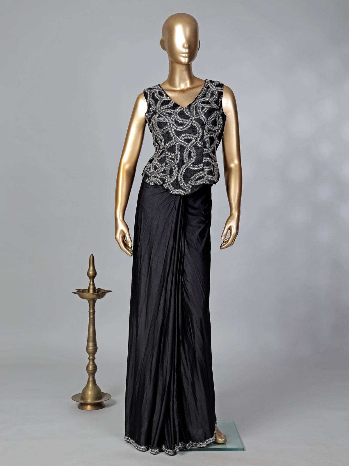 Black lycra ready to wear saree for reception wear