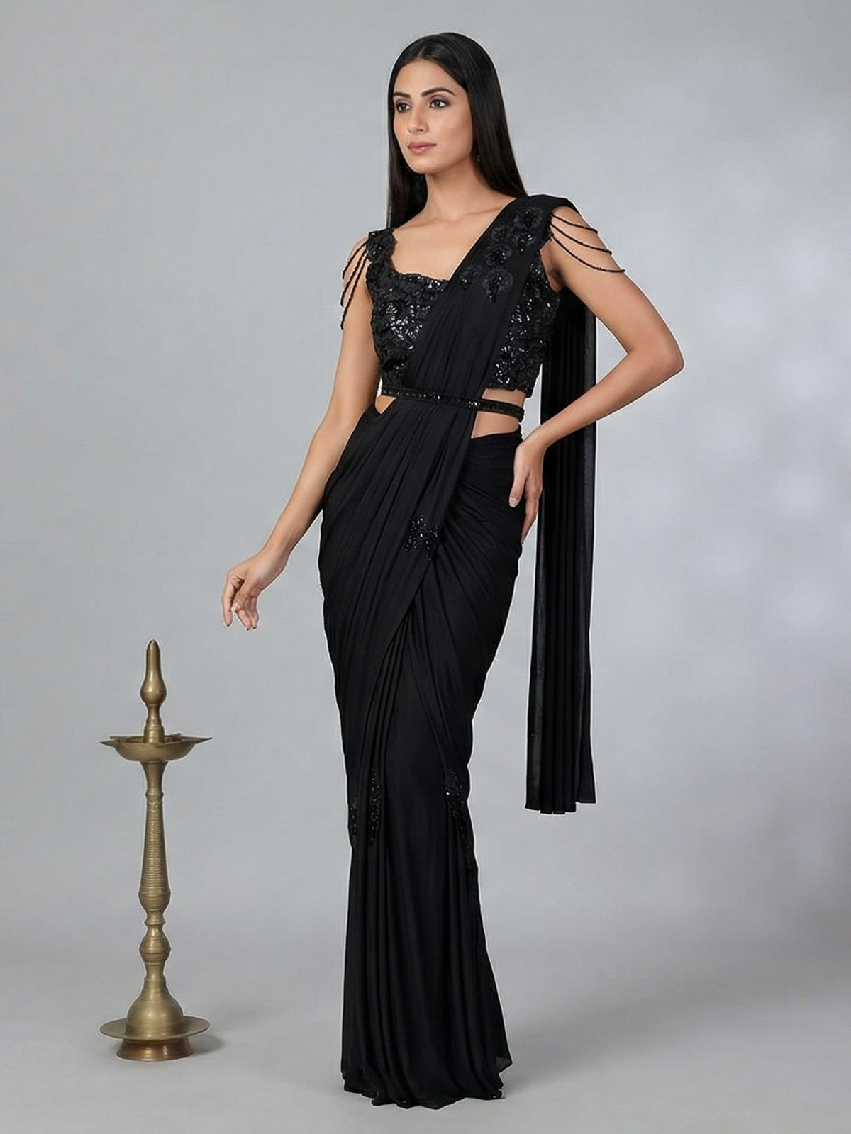 Stunning black lycra ready to wear saree for party wear