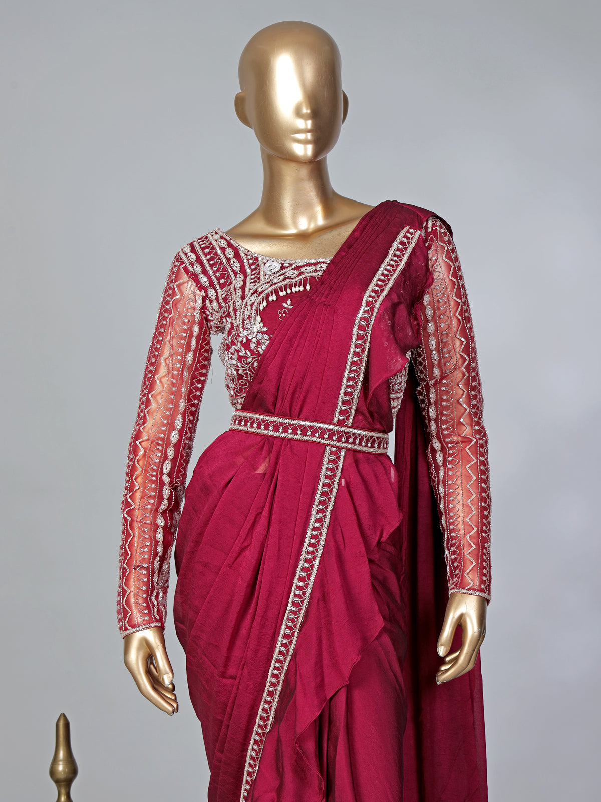 Maroon lycra ready to wear saree with ruffled pallu