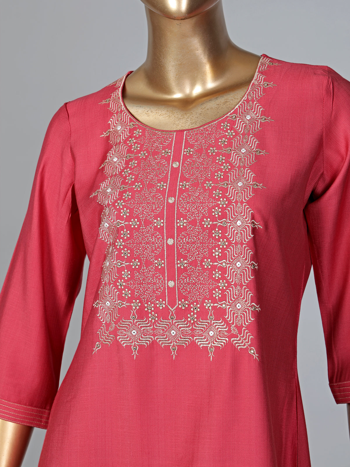 Tomato red cotton silk kurti with thread work
